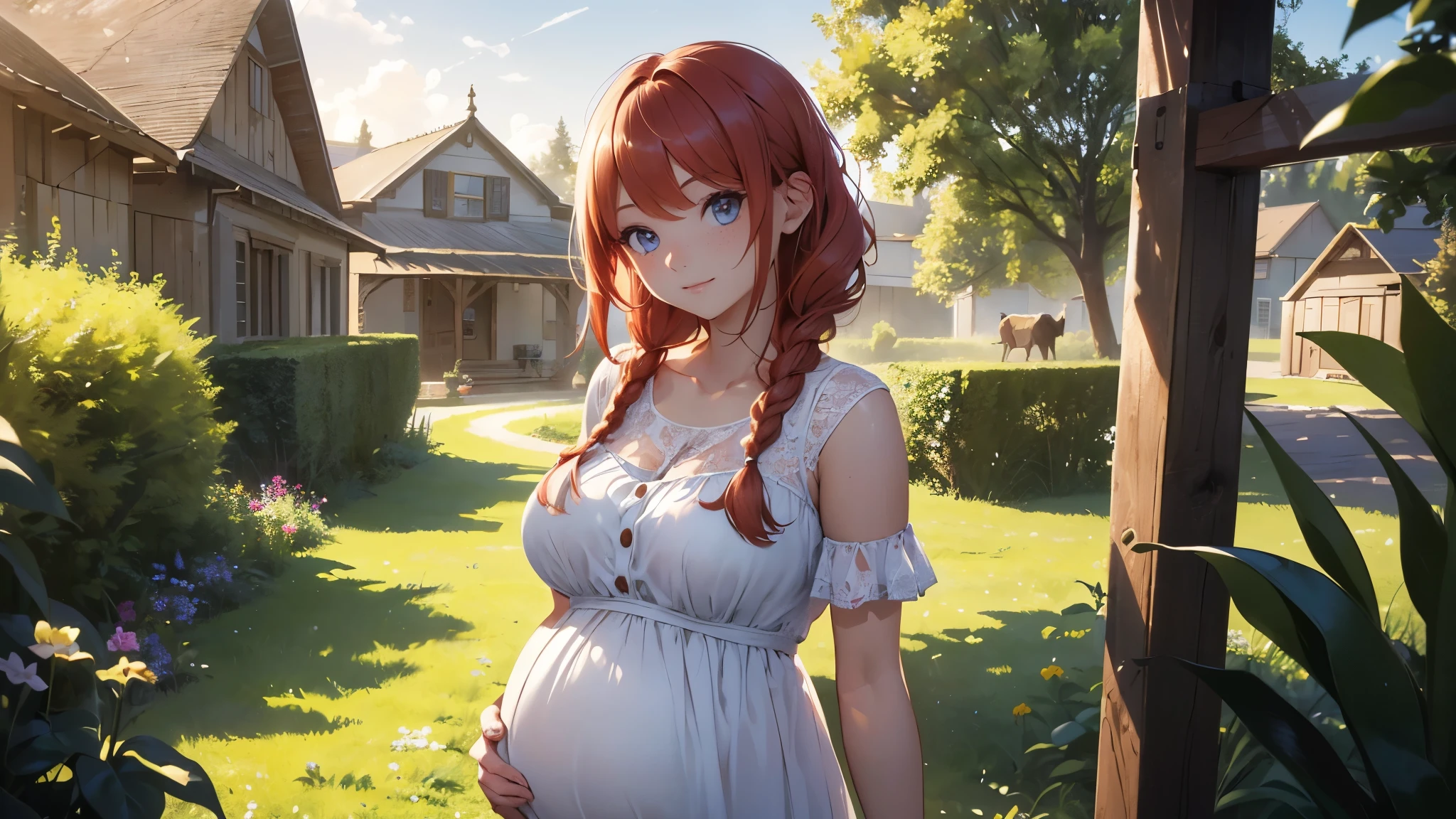 ((masterpiece,best quality,ultra detailed,ultra high res,detailed country yard background)), soft realistic focus, dynamic shadows, realistic image, vibrant colors,light leaks,dreamy atmosphere,chiaroscuro,BREAK
experimental charm, The girl is depicted in full growth, you see the girl from head to toe, (pregnat:1.3), nostalgic appeal, country girlfriend, she take you with yourself, simple open short dress, soft mischievous smile, freckles, shiny light red hair, she will take your hand, thick braids, (pregnat:1.3)