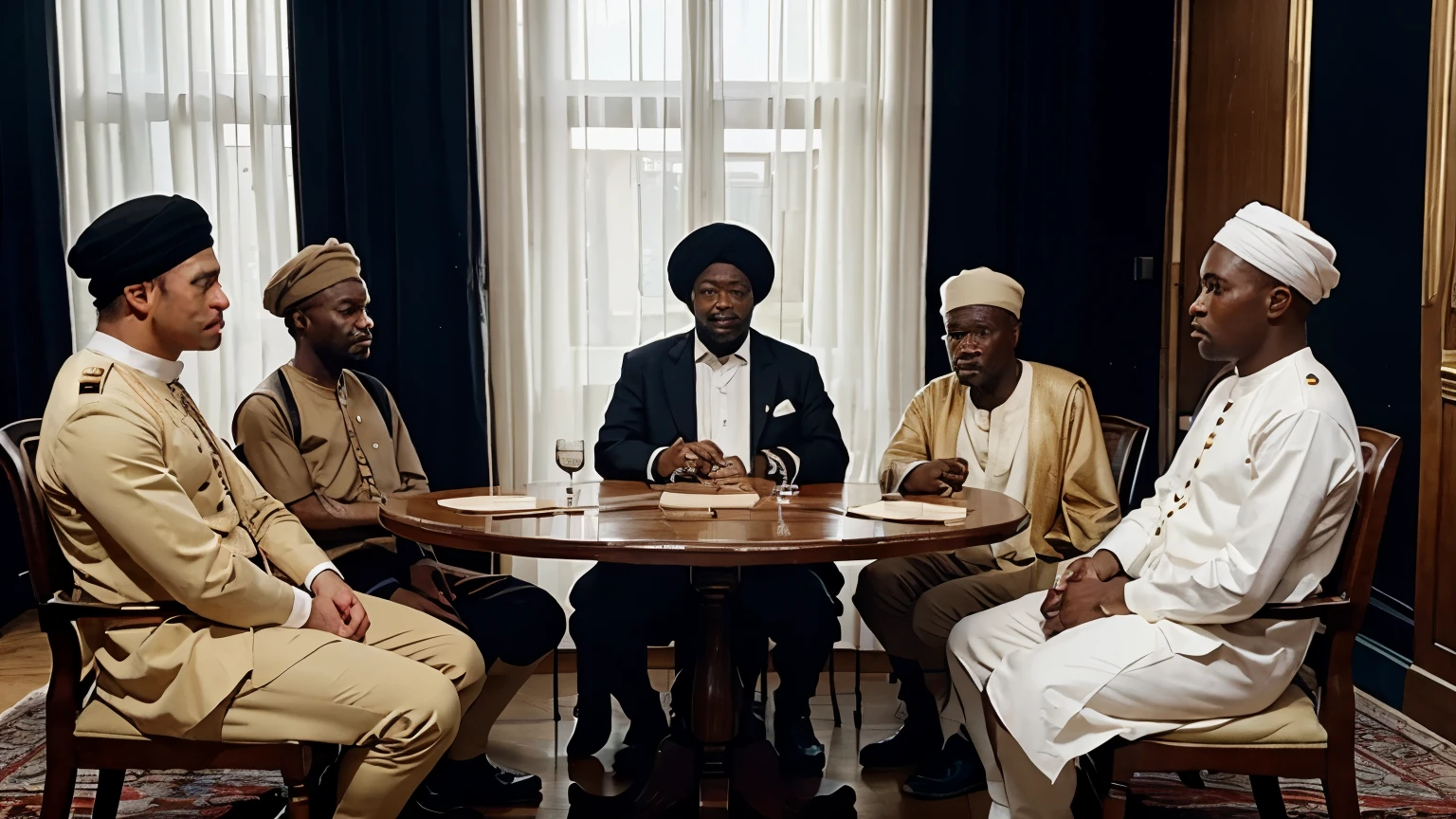 British Colonials in a round table discussion with Hausa chiefs in turban, White men in suit and British royal guard dressing, interracial meeting, Nigeria, High detail, golden hour, realistic, cinematic, silhouette
