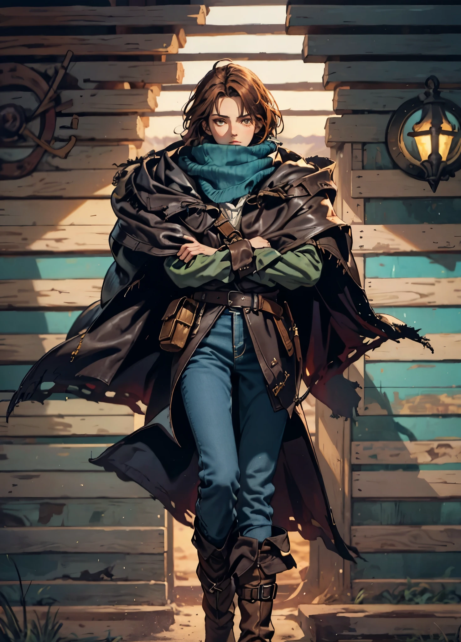 A woman with short reddish-brown hair, a determined gaze, her upper body is enveloped in a heavy cloak with leather accents, the cloak covers the lower half of her face, a tight-fitting long leather trench coat with ethnic-style details at the hem underneath, coarse fabric pants, sturdy knee-high leather boots, the background depicts a fantasy-style western town with swirling yellow sand, this character embodies a finely crafted fantasy western-style female shaman in anime style, exquisite and mature manga art style, high definition, best quality, highres, ultra-detailed, ultra-fine painting, extremely delicate, professional, anatomically correct, symmetrical face, extremely detailed eyes and face, high quality eyes, creativity, RAW photo, UHD, 8k, Natural light, cinematic lighting, masterpiece-anatomy-perfect, masterpiece:1.5