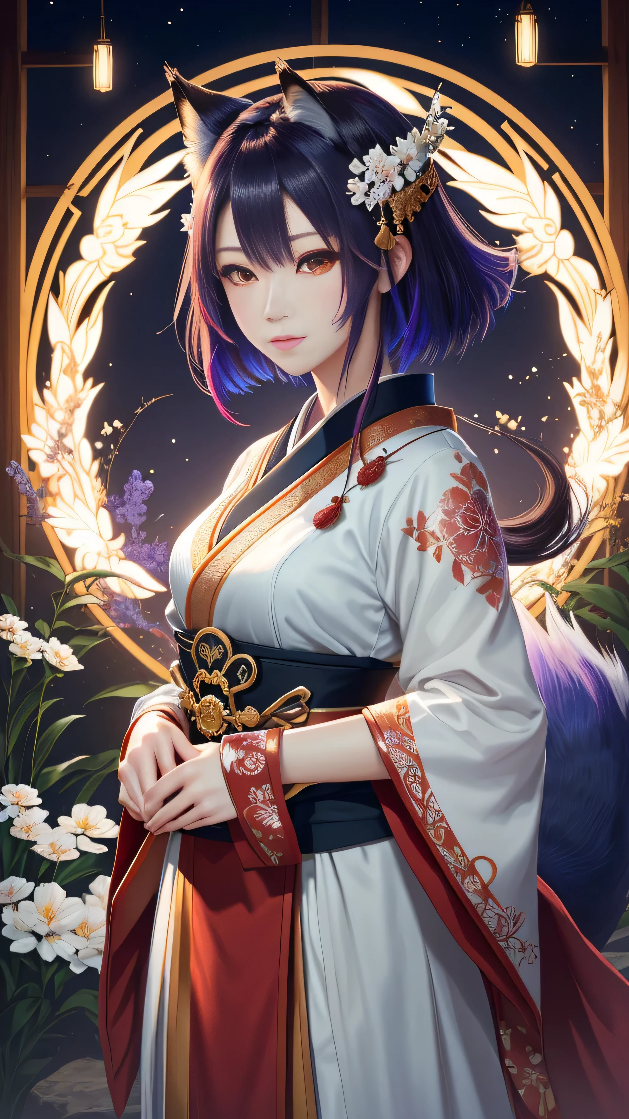 masterpiece , highest quality, frontのクローズアップ,Upper body,colorful hair colors,beautiful short hair, masterpiece, japanese architectureの背景,beautiful details, colorful, delicate details, delicate lips, intricate details, genuine, ultrargenuineista, 枝に座っている色とりどりの髪のFoxを持つ女の子:mature, bright eyes, ,色とりどりのFox, Raposa the Nine Tails, 三尾Fox, 三尾Fox, Onmyoji detailed art, beautiful fine art illustration, mythical creatures, Fox, beautiful digital art,shrine maiden,japanese architecture,Holding hands,exquisite digital illustration, mizutsune, Inspired by mythical wild nest creatures, pixiv in digital art, dazzling light, high contrast, Mysterious,枝に座っている色とりどりの髪のFoxを持つ女の子,front,look at the camera