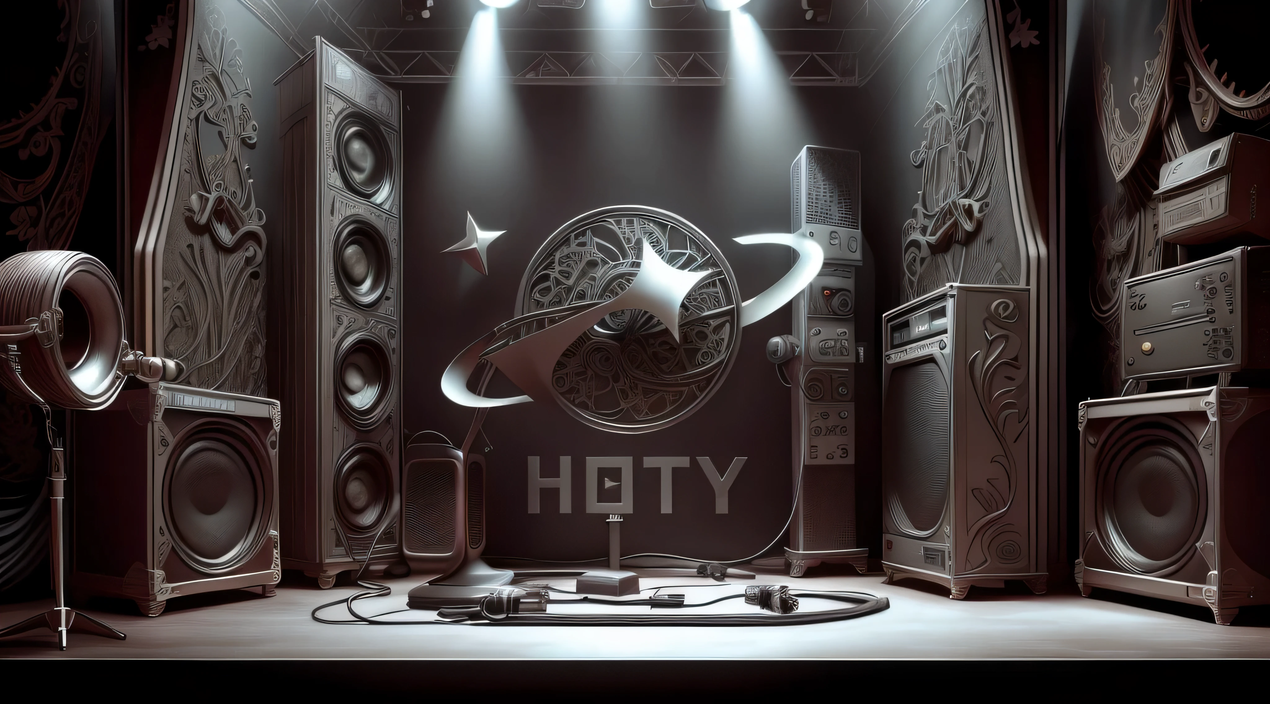 simple background,masterpiece,best quality,super detailed,microphone,Small stage,band,microphone,guitar,Drum kit,vocal,keyboard,dark gothic pattern