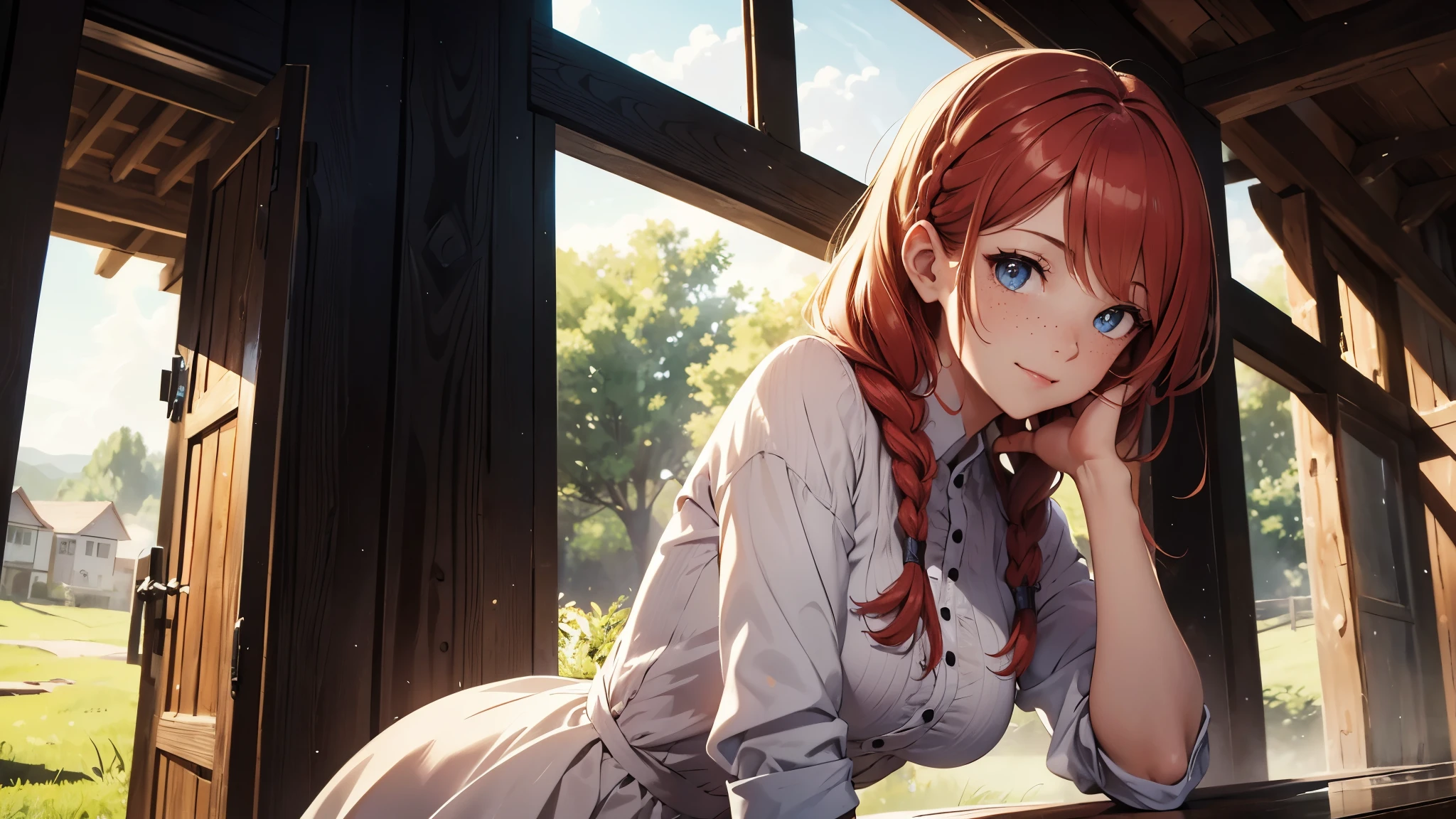 ((masterpiece,best quality,ultra detailed,ultra high res,detailed country yard background)), soft realistic focus, dynamic shadows, realistic image, vibrant colors,light leaks,dreamy atmosphere,chiaroscuro,BREAK 
experimental charm, The girl is depicted in full growth, you see the girl from head to toe, nostalgic appeal, country girlfriend, she take you with yourself, simple open short dress, soft mischievous smile, freckles, shiny light red hair, she will take your hand, thick braids