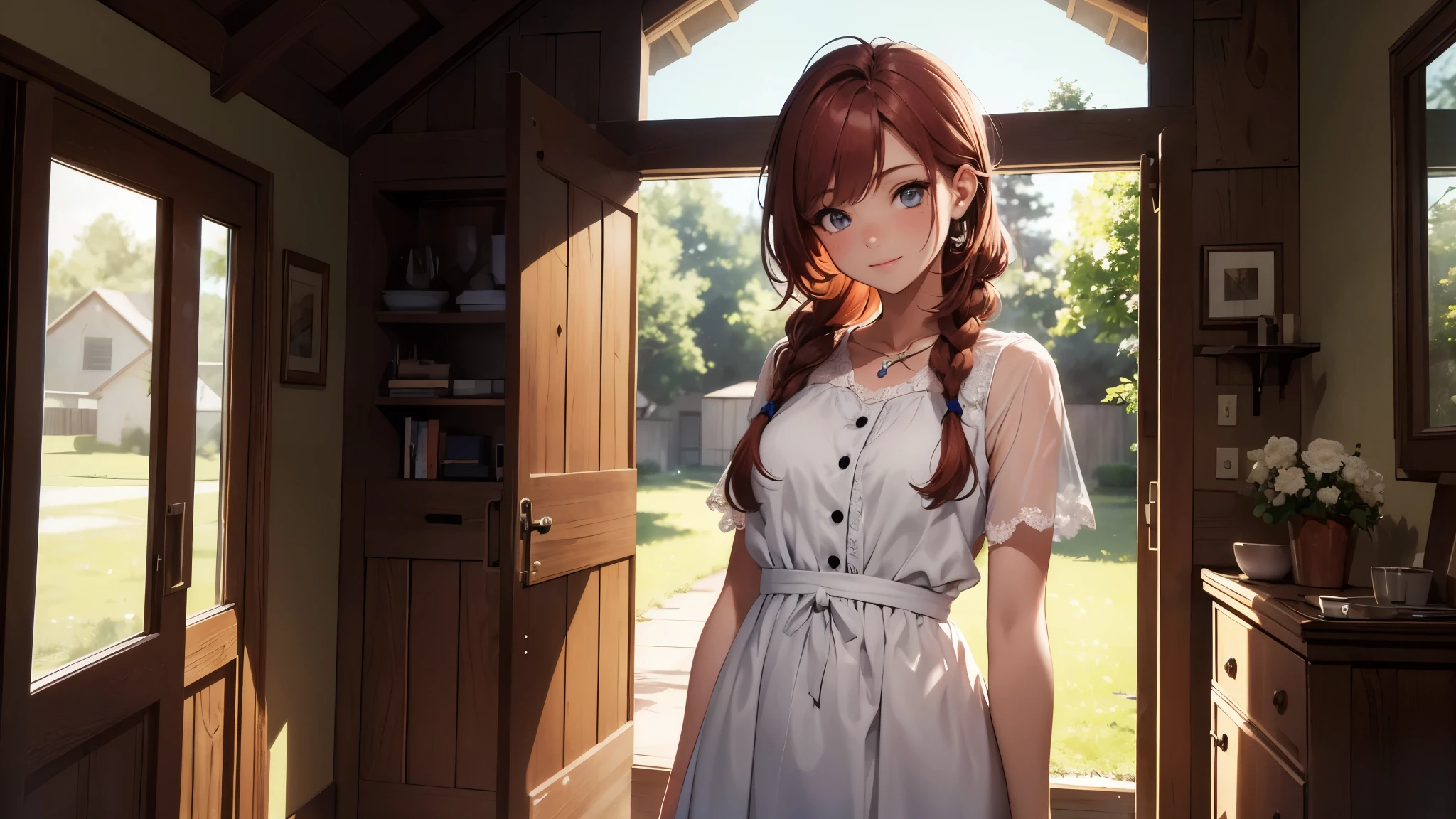 ((masterpiece,best quality,ultra detailed,ultra high res,detailed country yard background)), soft realistic focus, dynamic shadows, realistic image, vibrant colors,light leaks,dreamy atmosphere,chiaroscuro,BREAK
experimental charm, The girl is depicted in full growth, you see the girl from head to toe, nostalgic appeal, country girlfriend, she take you with yourself, simple open short dress, soft mischievous smile, freckles, shiny light red hair, she will take your hand, thick braids