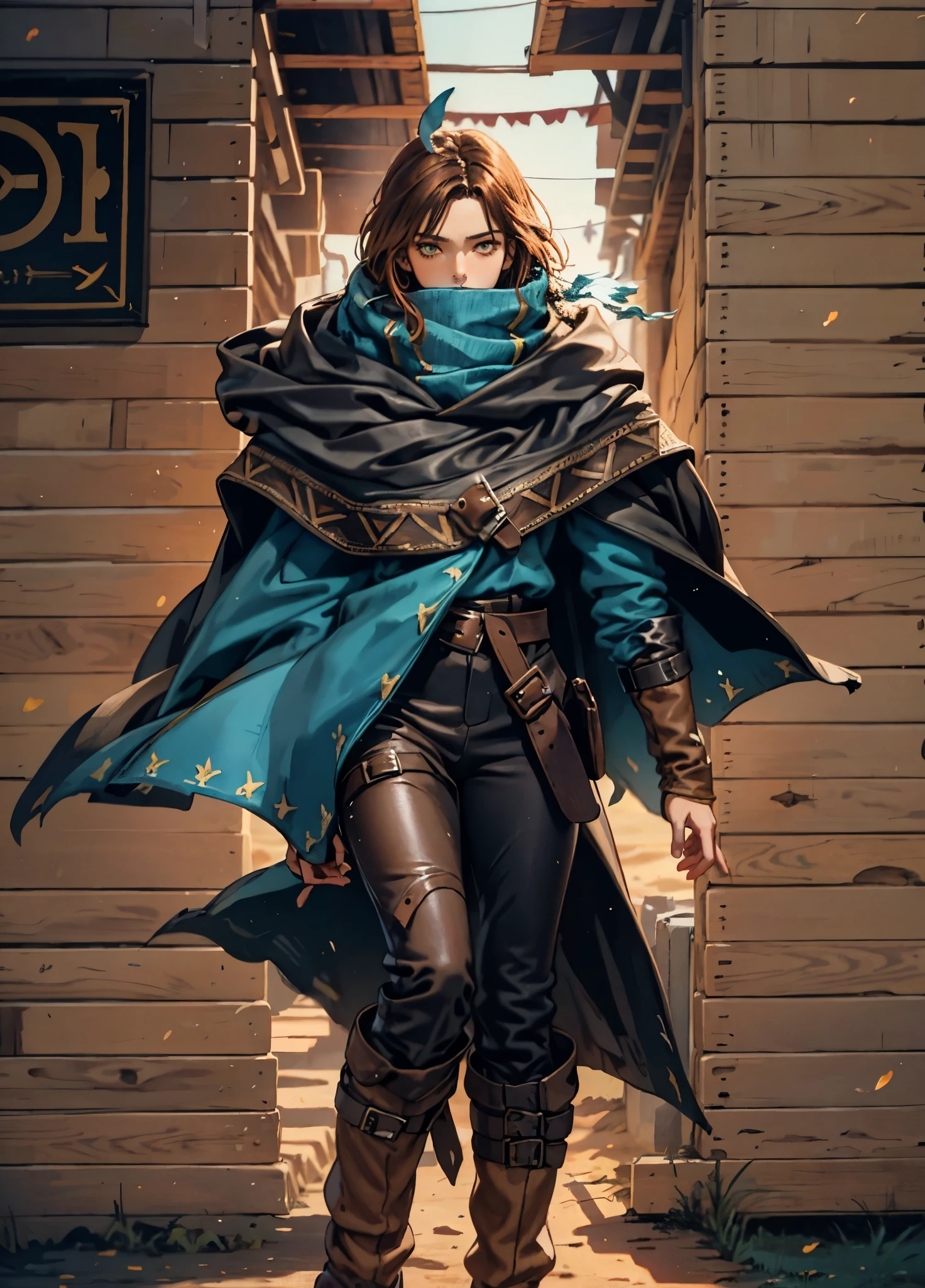 A woman with short reddish-brown hair, a determined gaze, her upper body is enveloped in a heavy cloak with leather accents, the cloak covers the lower half of her face, a tight-fitting long leather trench coat with ethnic-style details at the hem underneath, coarse fabric pants, sturdy knee-high leather boots, the background depicts a fantasy-style western town with swirling yellow sand, this character embodies a finely crafted fantasy western-style female shaman in anime style, exquisite and mature manga art style, high definition, best quality, highres, ultra-detailed, ultra-fine painting, extremely delicate, professional, anatomically correct, symmetrical face, extremely detailed eyes and face, high quality eyes, creativity, RAW photo, UHD, 8k, Natural light, cinematic lighting, masterpiece-anatomy-perfect, masterpiece:1.5