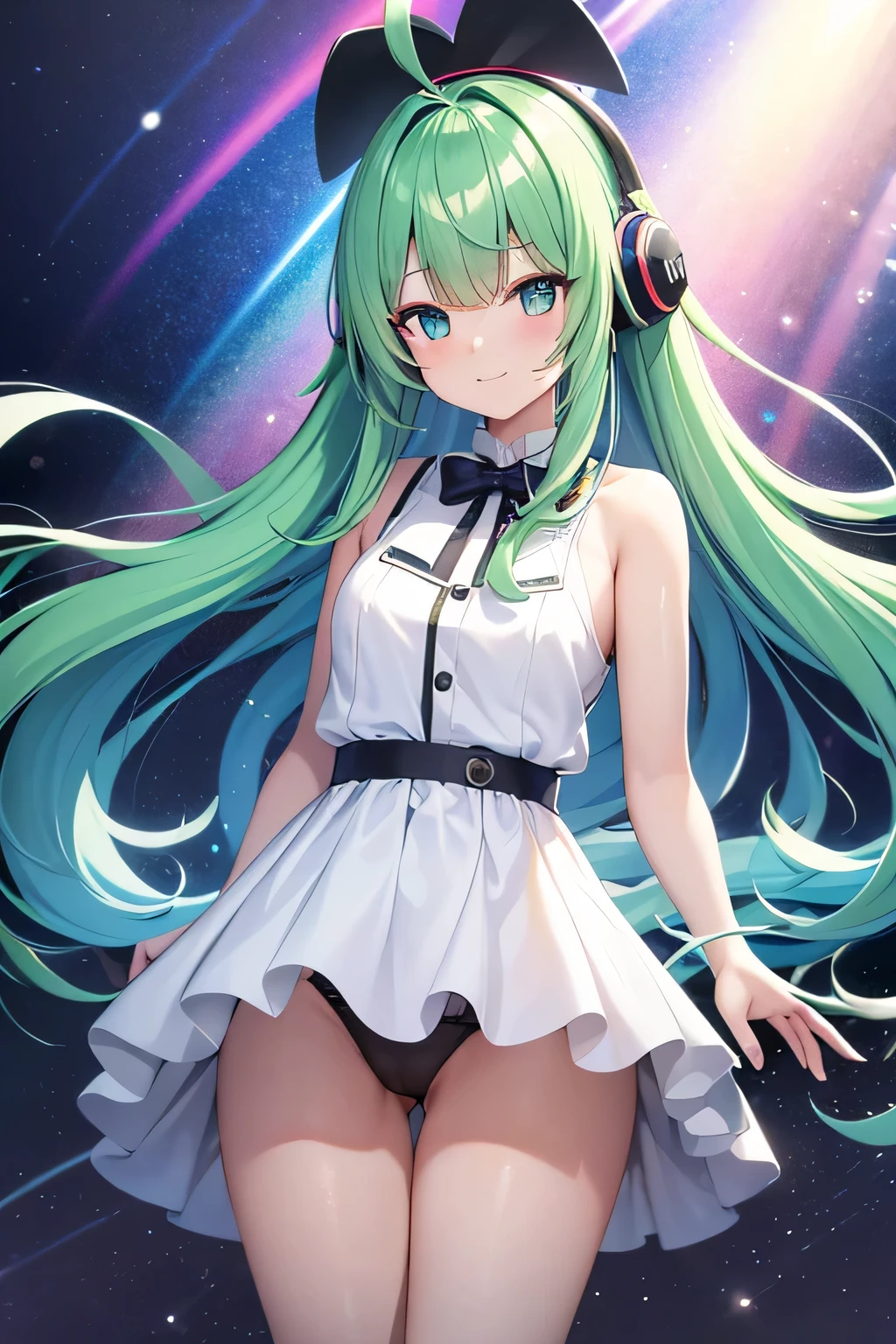 ahog, rainbow hair, blunt bangs, hairpin, God's throne, earphone, aqua eyes, glowing eyes, faint smile, Ray tracing, panoramic, UHD, high detail, best quality, high quality, 16k, HD,neiku, underwear