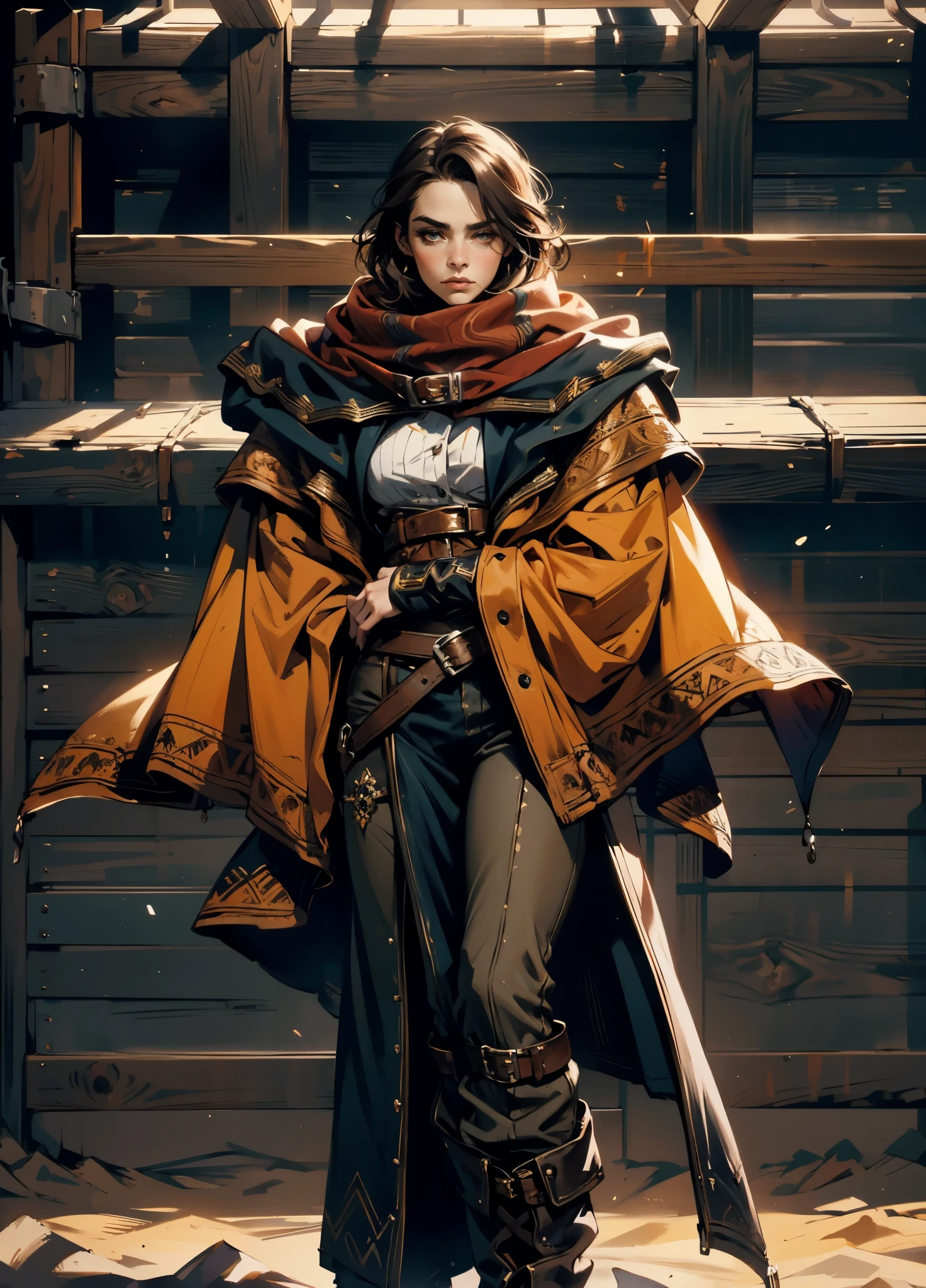 A woman with short reddish-brown hair, a determined gaze, her upper body is enveloped in a heavy cloak with leather accents, the cloak covers the lower half of her face, a tight-fitting long leather trench coat with ethnic-style details at the hem underneath, coarse fabric pants, sturdy knee-high leather boots, the background depicts a fantasy-style western town with swirling yellow sand, this character embodies a finely crafted fantasy western-style female shaman in anime style, exquisite and mature manga art style, high definition, best quality, highres, ultra-detailed, ultra-fine painting, extremely delicate, professional, anatomically correct, symmetrical face, extremely detailed eyes and face, high quality eyes, creativity, RAW photo, UHD, 8k, Natural light, cinematic lighting, masterpiece-anatomy-perfect, masterpiece:1.5