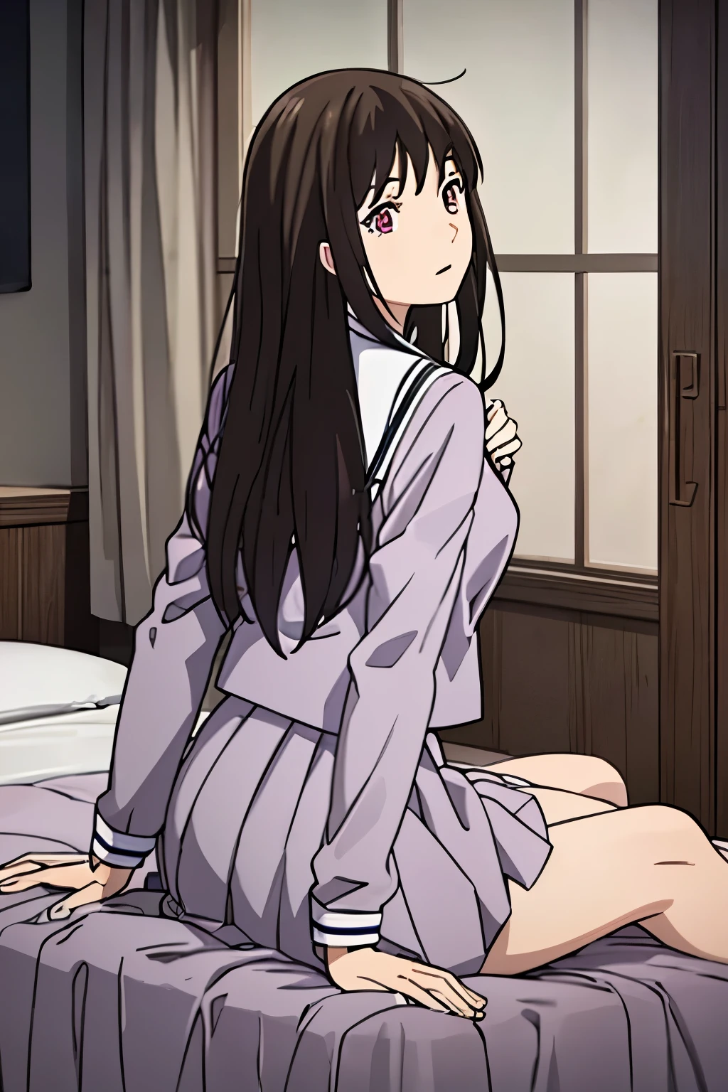 masterpiece:1.6, best quality), finely detailed beautiful eyes: 1.2), colorful, 1girl, school uniform, black hair, sit on bed, bedroom, indoors, perfect anatomy, couple, breastgrope from behind, 1boy, boy is behind girl, buzzcut, brown eyes, school uniform,breast grope from behind, boy caressing girl's body,