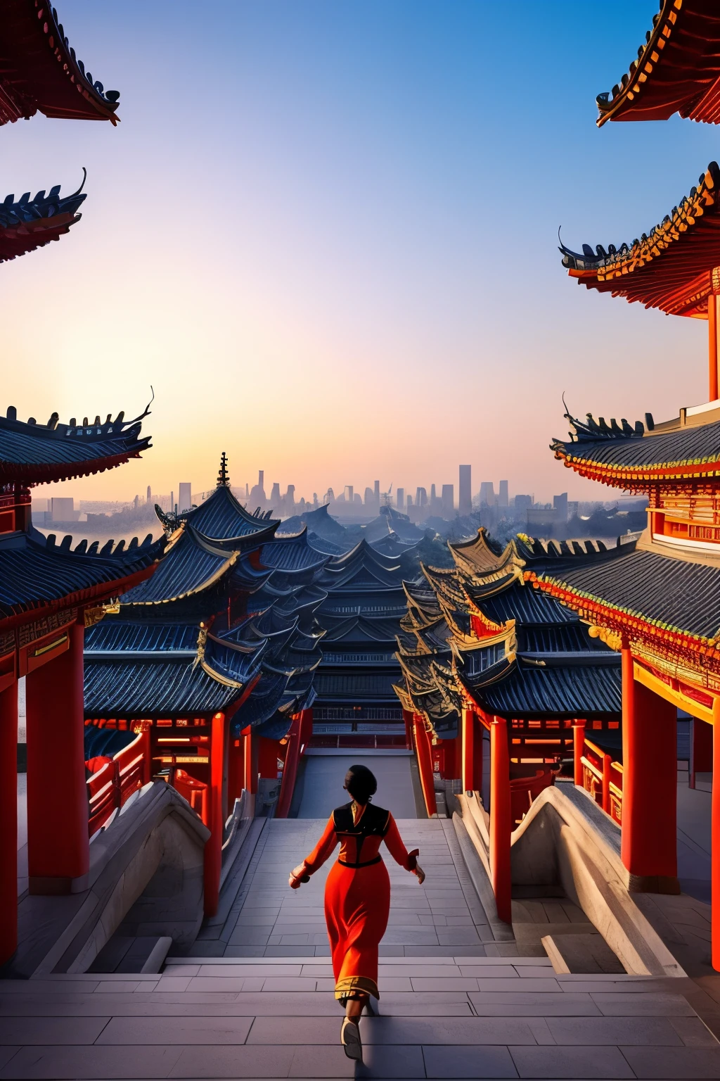 In the heart of an ancient Chinese metropolis, a black woman dressed in combat attire is captured in a side view and wide angle shot as she gracefully runs atop intricately designed buildings. Chinese red lamps float softly in the scene, casting a warm, gentle glow against the backdrop of sunrise. The sky above bursts with vibrant hues of orange and pink, heralding the start of a new day. This cinematic scene is rendered in the hyper-realistic style of artgerm, boasting a 32k resolution and meticulously detailed textures in Unreal Engine. The ultra HD image showcases the rich, intricate patterns of the Chinese architecture, while the sun