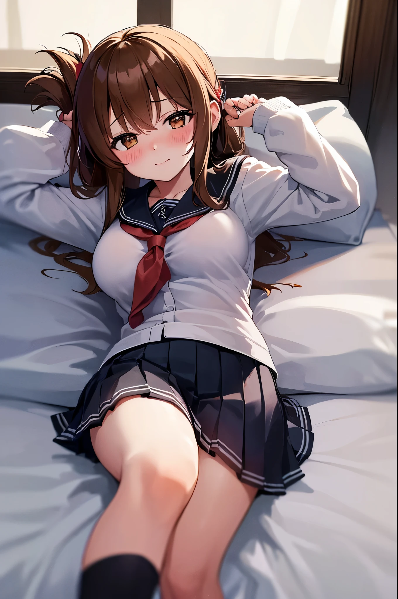 (best quality:1.3),(awesome amazing detailed:1.3), (a school girl lying back down on bed:1.3),(large breasts:1.1),light smile,(half-closed eyes:0.9),(blush:1.5),(wearing white school shirt and black pleated skirt and socks:1.1),bow legs, BREAK (infirmary bed:1.3),(divider curtain on side:1.1),(masterpiece, best quality:1.2),illustration,8k,hd,1girl,solo,upper body,(portrait:1.2),brown_hair,folded_ponytail,brown_eyes,serafuku,long_hair,school_uniform,skirt,pleated_skirt,