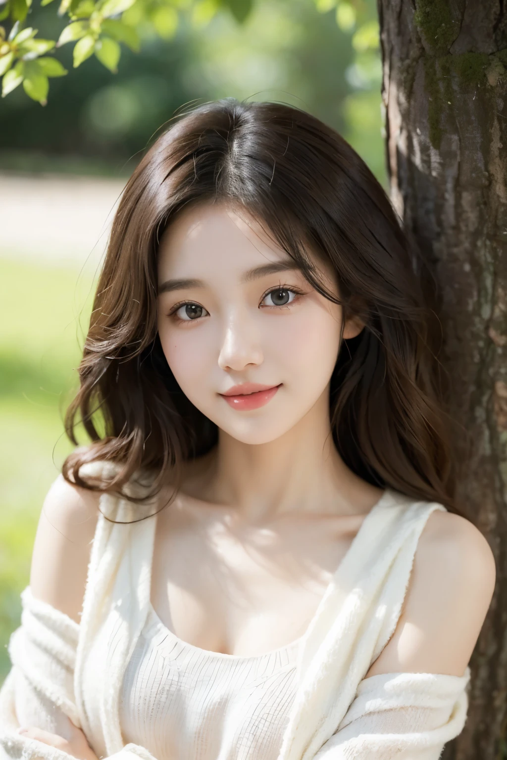 A pure and sweet Korean girl, her skin is flawless and white, her eyes are captivating and deep, her face is exquisitely beautiful. Her lips curve into a charming smile, revealing a delightful grin. Her brown hair is naturally curly and soft, cascading over her shoulders. She wears a white sweater with a cut-out design, revealing a hint of her chest, adding to her allure. The bright sunshine illuminates her, bathing her in a golden glow. The background is柔和自然, blending her into nature. This is a vibrant and warm portrait.