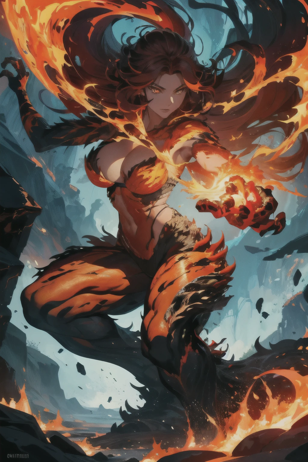 Create a captivating 4k digital illustration, showcasing an ancient abstract painting of a lava monster and a female figure in a comic style with perfect anatomy. Emphasize the use of natural light and vibrant colors to enhance the intricate and dynamic artwork.
The lava monster, with its molten body and fiery eyes, is painted in hues of red and orange, reflecting the intensity of the natural elements. The female figure, gracefully depicted with long, flowing hair and determined expression, stands in contrast to the monster, styled with cooler tones and delicate features.
The ancient painting comes alive with intricate lines and textures, as if the lava is bub