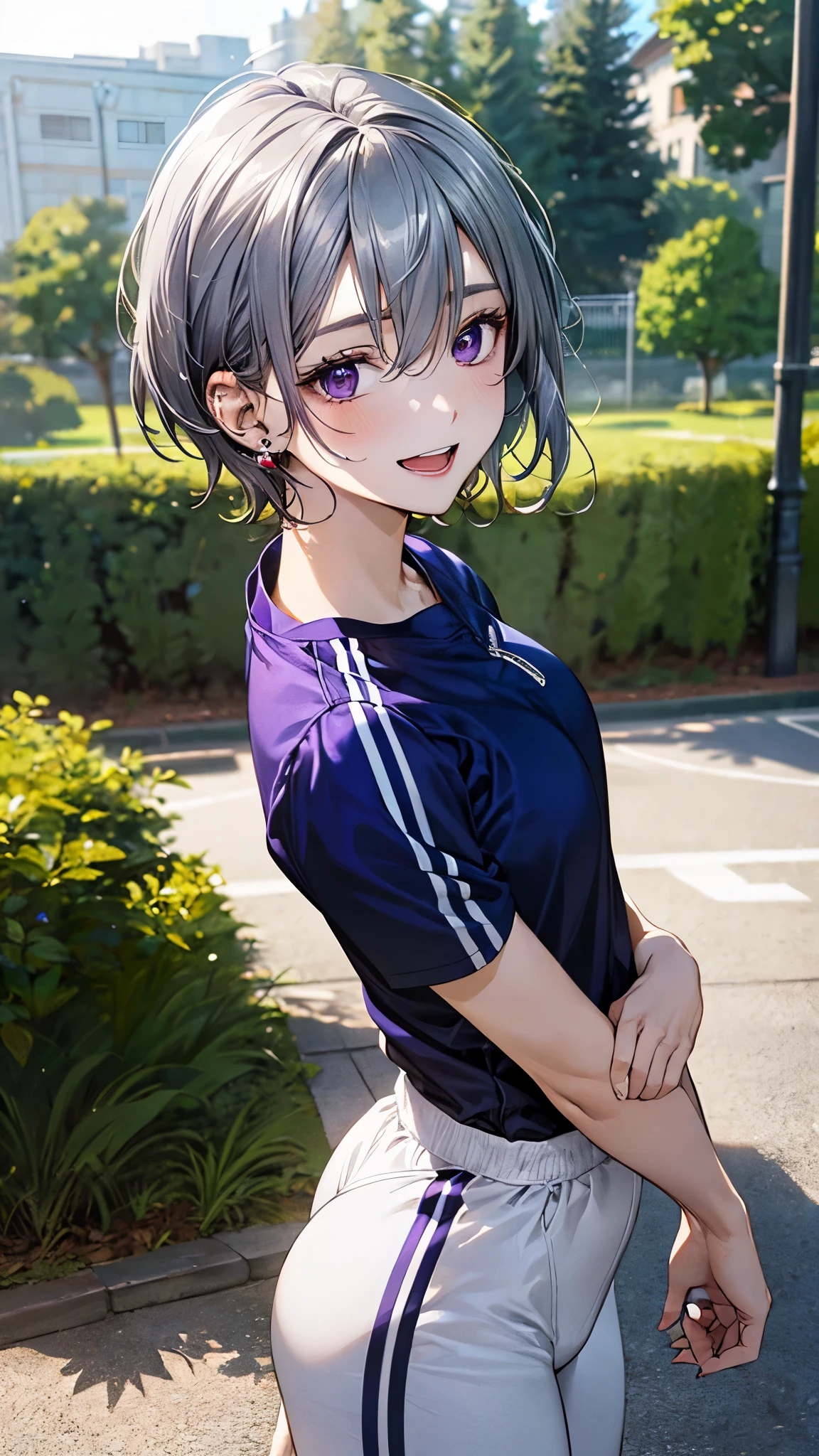 (masterpiece:1.2, top-quality), (realistic, photorealistic:1.4), beautiful illustration, (natural side lighting, movie lighting), 
looking at viewer, (breast focus), (from above:1.1), close up, 
1 woman, japanese, 22 years old, high school physical education teacher, perfect face, cute and symmetrical face, shiny skin, babyface, 
(short hair, shaggy cut, dark silver purple hair), hair between eyes, dark purple eyes, (middle breasts, seductive thighs, big ass), piercings, 
beautiful hair, beautiful face, beautiful detailed eyes, beautiful clavicle, beautiful body, beautiful chest, beautiful thigh, beautiful legs, beautiful fingers, 
((blue tracksuit, white pants)), 
(beautiful scenery), evening, outdoors, standing, crossed arms, (smile, open mouth), 