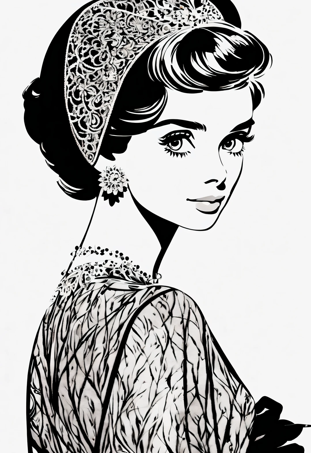 black and white tones，pen and ink art style, ink painting, line art, Ordinary novel, black and white, White background, colorless, HD, ycbcr, 12 bits, Crazy Details and Complexity, Super maximized, elegant, Gorgeous, Surrealism, super detailed
(Audrey Hepburn elegantly looks at the camera), (Wear high-end lace evening gown gloves), with a White background, dramatic contrast, and clear, shiny hair, Emphasis on clear and exceptionally beautiful bright eyes, smooth skin, portrait, beautiful details, Super intricate and refined details, Outline with black ink, smooth lines, And the contrast of ink shades to express the characters&#39; expressions and postures. Simple background, Emphasis on light, shadow and space,