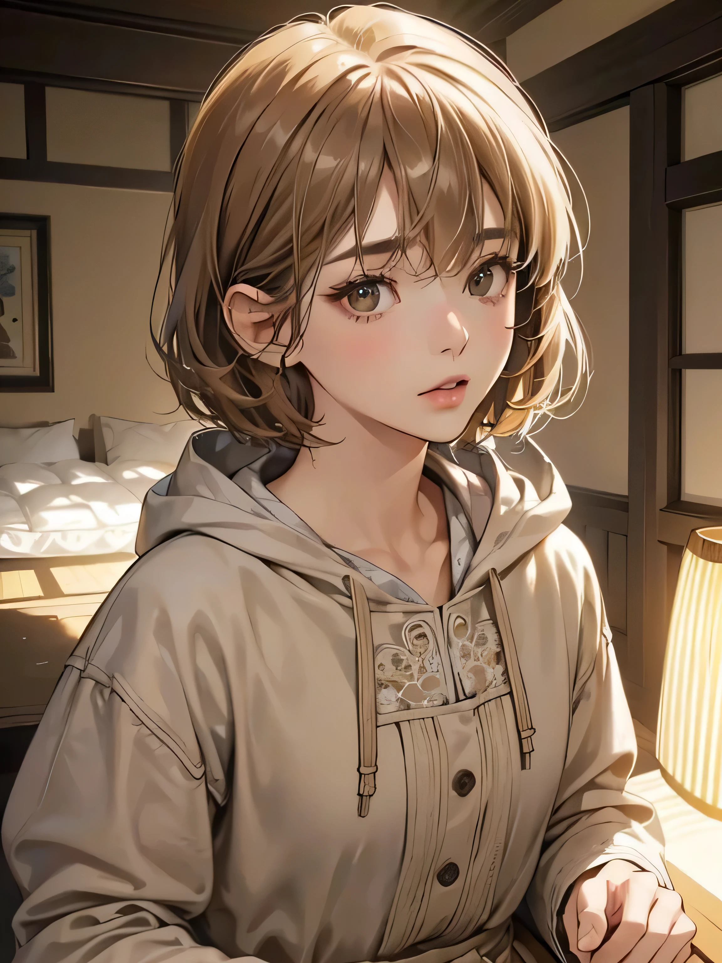 hoodie, low person,Light Brown Fringe Short Hair、light brown eyes、1 girl、innocent、(Photoreal)、(intricate details:1.2)、(masterpiece、:1.3)、(highest quality:1.4)、(ultra high resolution:1.2)、ultra high resolution、(fine eyes)、(detailed facial features)、nffsw、8K resolution、、(Lens flare:0.7)、Burst Chest、Kotatsu、study