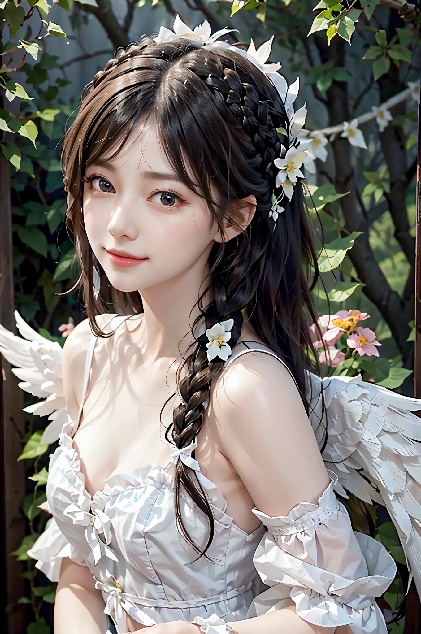 Angel、white wings、white feathers、highest quality, ultra nothing, realistic, beautiful woman pictures, ager in 30s, detailed face, black messy fishtail braid, (detailed porcelain dolls,Delicate clothes with lots of frills and ribbons), beach, (close up face), fascinating look, looking at the viewer、smile、laughing、Wearing a tiara、The background is a flower field