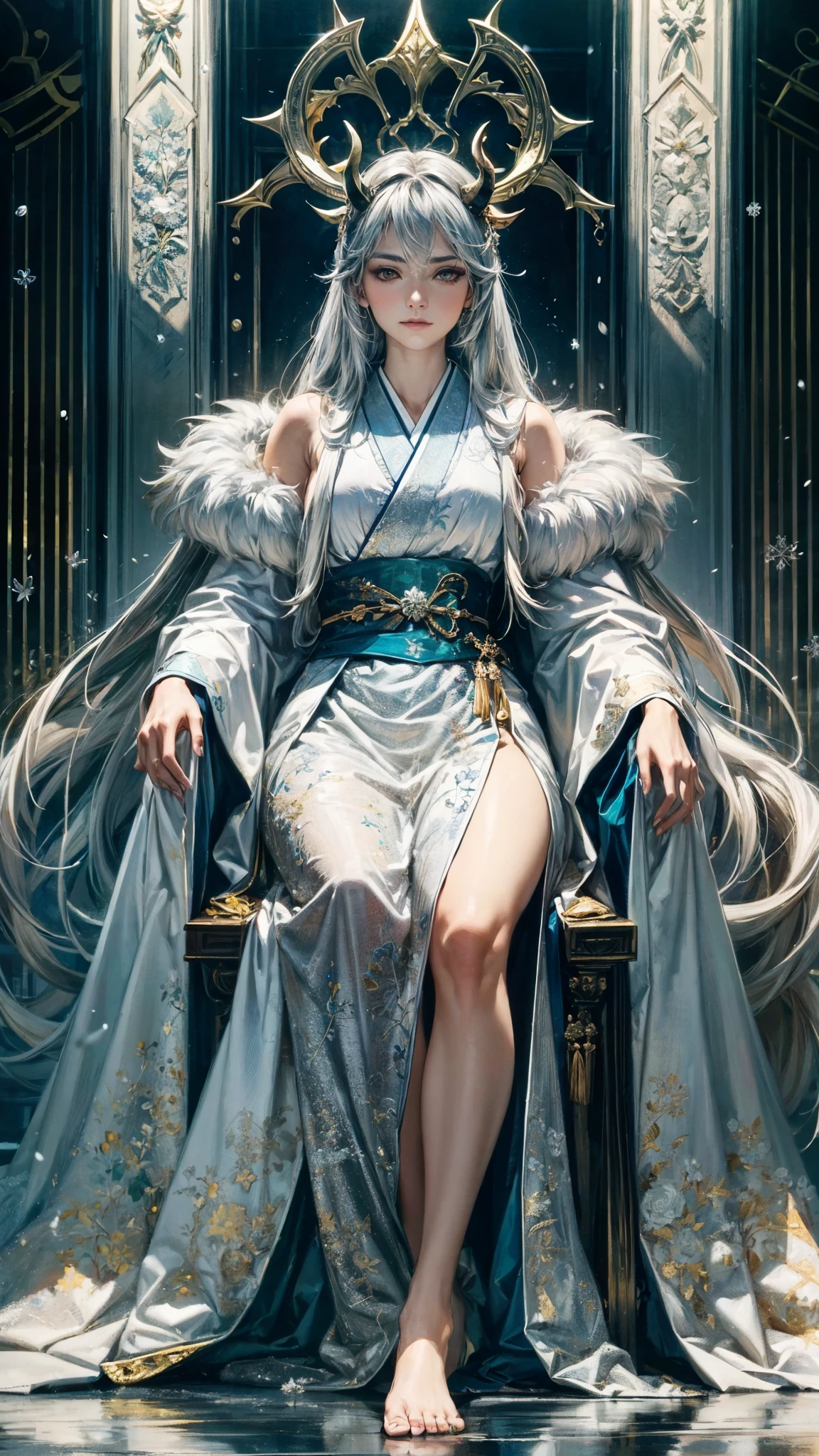 A full body portrait of a japanese woman with a silver tail and little horns, the photograph captured in stunning 8k resolution and raw format to preserve the highest quality of detail. The woman's beauty is undeniable, a peaceful look. She wears a silver ceremonial robe with some delicate embroidered details that complement her charming and passionate pose, all portrayed with meticulous attention to detail, showing the perfection and maturity in her face with delicate features and hyper-detailed bright silver eyes. The photograph is taken with a lens that frames your entire body, challenging your gaze, and the backdrop is a divine, bright environment that highlights the vibrant colors of the scene. The lighting and shadows are expertly crafted to highlight the richness of her skin and subtle nuances of her features. Her long silver hair, with distinct variations in tone, stands out in contrast to her snow-white skin. The external environment adds a sense of divinity, while a few small silver scales on its skin reflect the sunlight. The overall composition captures her essence with authenticity and grace, creating a portrait that is a celebration of a celestial goddess. Photography by defiance512, using the best shadow and lighting techniques, to create a mesmerizing portrait that transcends the visual.