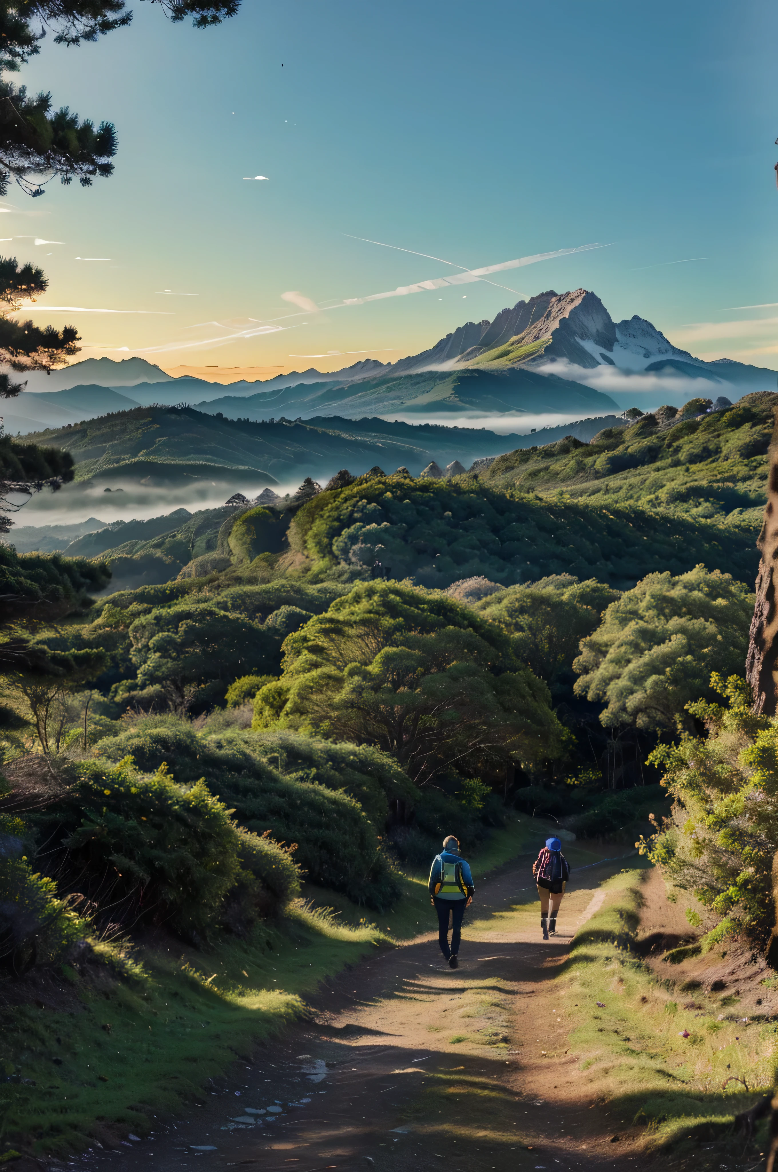 (Maximum quality image, obra de arte), paisagem detalhada, three hikers walking along a trail in the middle of a green field and araucaria forest (with a vibrant sky at dawn and mountains in the background), nuances de cores predominantes amarela e preta