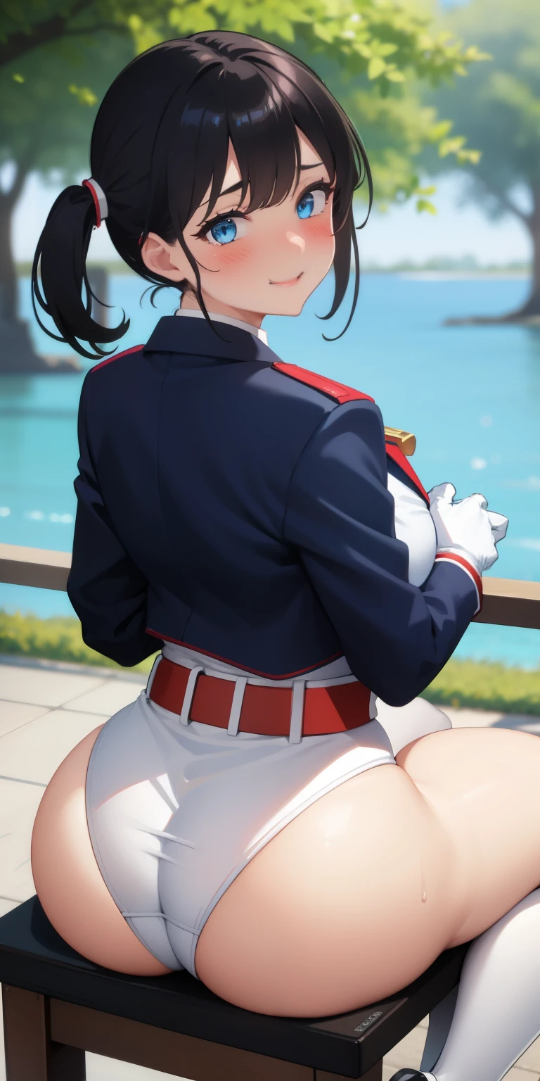 1 girl, hands on belt, black hair,blue eyes,(blush:1.1), wearing blue leotard, red jacket, white gloves, white shoes, white belt, medium breasts, ((heavy breathing:1.3)),thicc, happy, smile, sit on park, view from behind