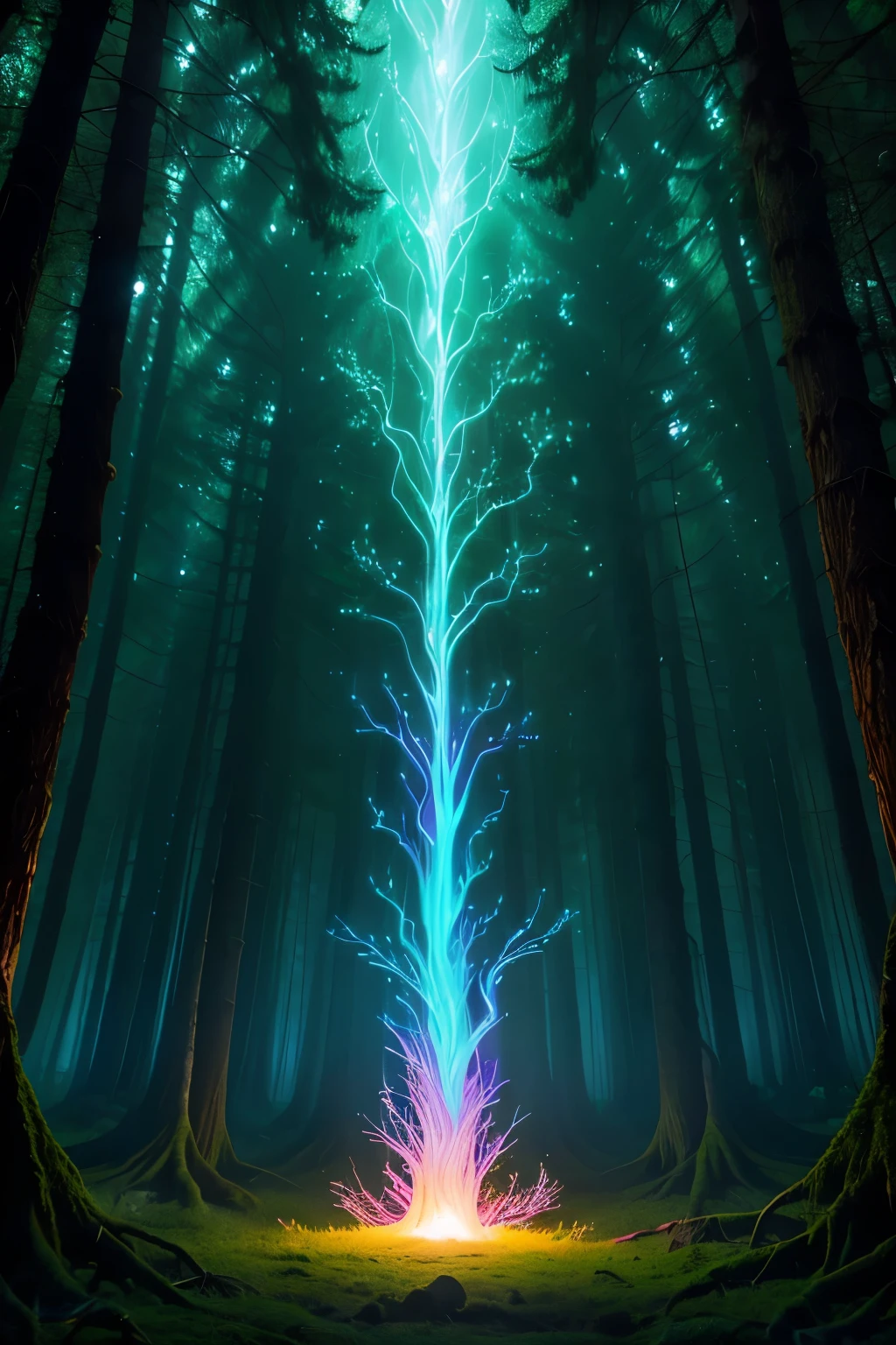In the heart of a primordial forest, the life force Pulses strongly,an ancient tree comes to life, Majestically towering over the lush greenery, Revealing its ethereal essence through radiant, Bioluminescent leaves. In this mystical scene, the primal energy of the forest is encapsulated, Amplifying the aura of otherworldly enchantment. The tree's intricately textured bark resonates with the pulsating force, Capturing the attention of all beings in the enchanting forest. With each breath drawn from the primordial air, the tree exudes a calming, Primordial energy that seeps deep into the very