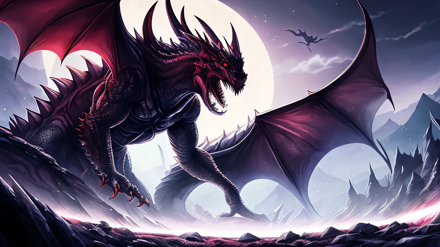 Anime Illustration nightmarish gigantic dragon-like creature with long sharp teeth and compound eyes, horror game graphics, horror monster design concept art, background creepy dark cave in hell. 