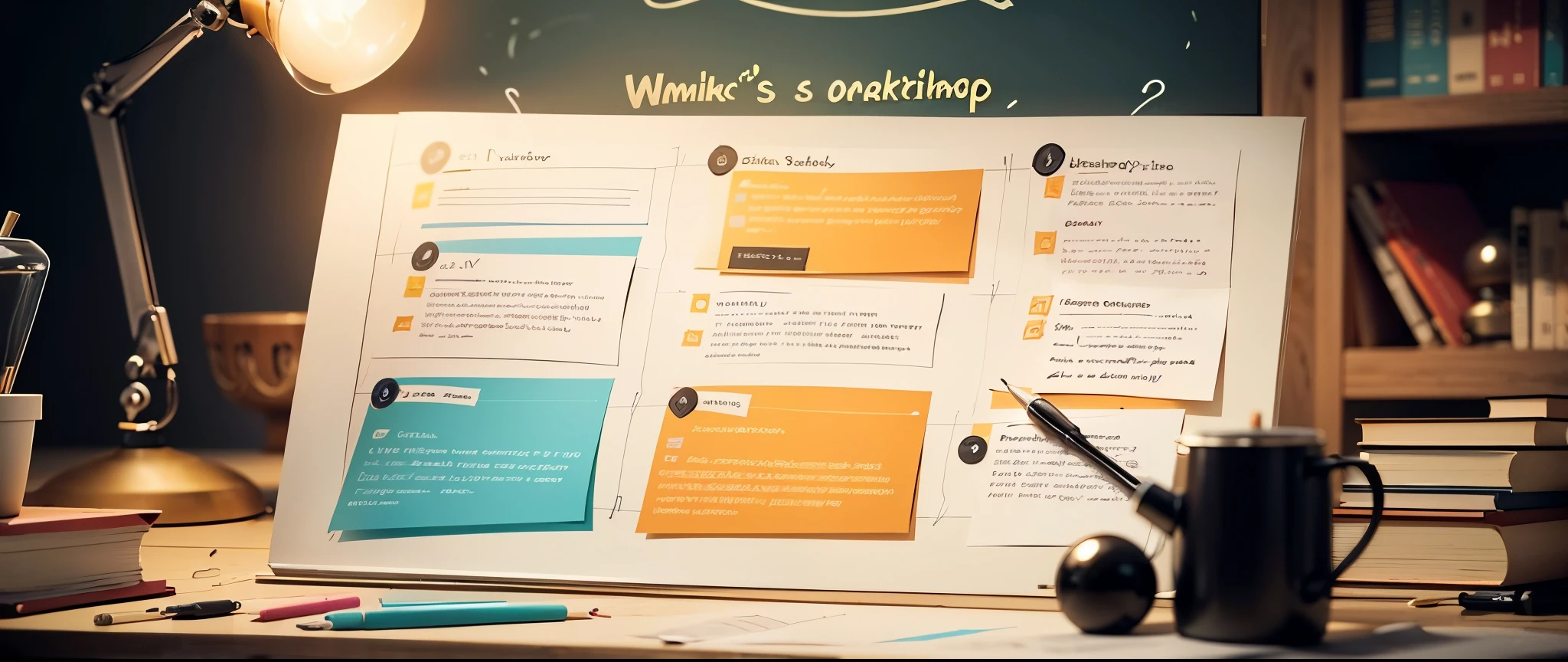 Create a Banner full of inspiration and in-depth thinking to highlight the channel's theme of "Thinking Workshop". Try to keep it simple and clear while still feeling inspiring and welcoming. Use some warm, bright colors to grab your audience's attention. You might consider using your channel’s theme color or a theme-related hue. Incorporate some graphic elements that match the theme of the channel, such as thought bubbles, creative light bulbs, books, or other symbols that represent thinking workshops.