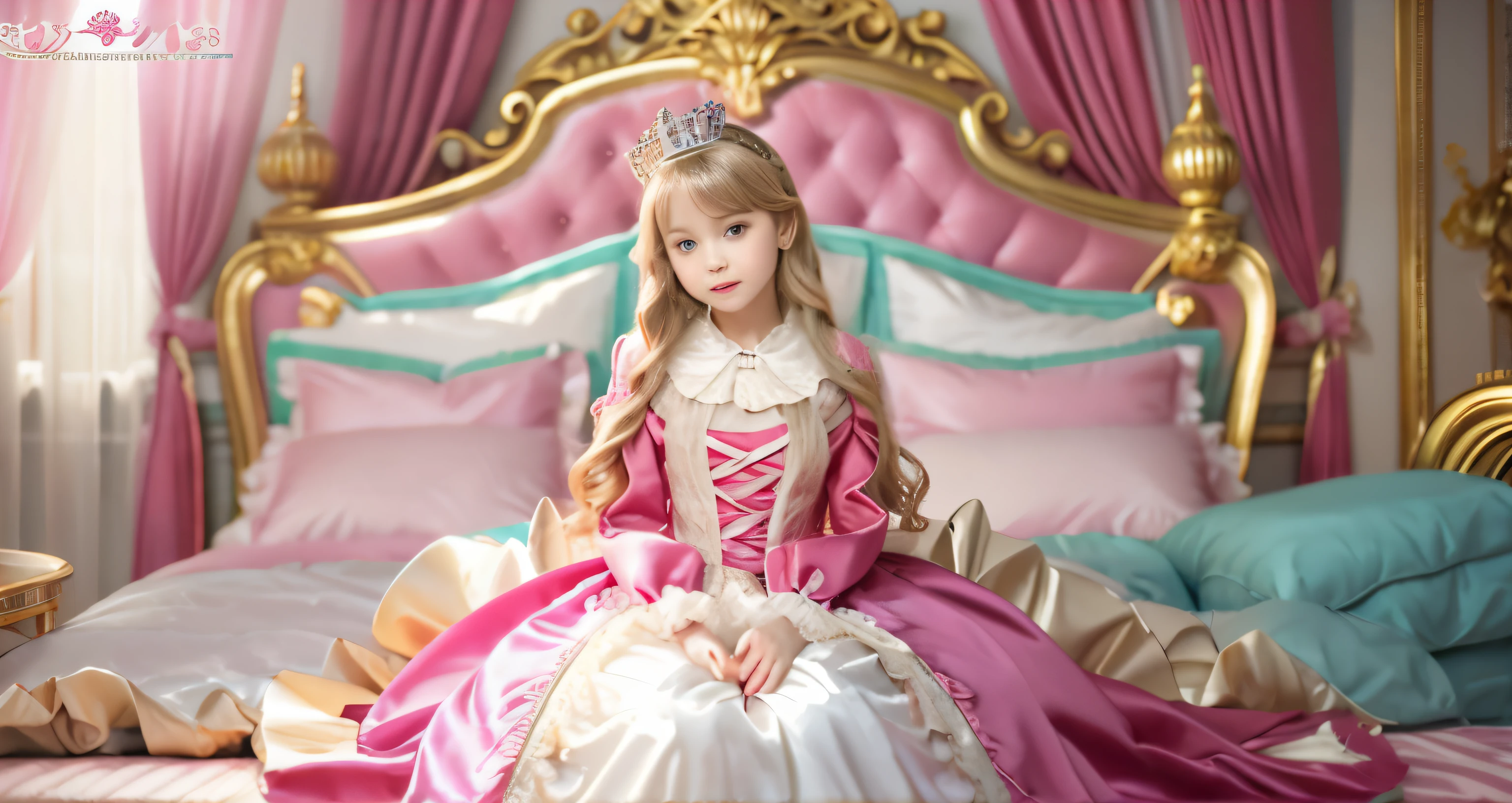 ,highest quality, masterpiece, highest resolution, artwork, super それにget used to it, many get used to it, get used to it, それにget used to it, 3K realistic photos,,(( When I was )),Super detailed baby face,She is a princess,Full length ball gown dress with hoop skirt,ruffle yoke collar,puff sleeves,long sleeve,((Lolita style pink detailed princess satin dress、Comes with lots of frills and ribbons。)),colorful rococo fashion,shiny satin dress,Soft and smooth fabric,luxury,long blonde hair,blue eyes,white skin european,pajamas,((inside the palace)),,,(( When I was 10 years old)),Sd baby face,Full length ball gown dress with hoop skirt,long skirt,ruffle yoke collar,puff sleeves,腰まで伸びるlong blonde hair,blue eyes,white skin european,pajamas,((inside the palace bedroom)),ピンクのシルクサテンのluxuryなcanopy bedの上,canopy bed,luxurious curtains under the canopy,many frilly pillows on the bed,super detailed background,Detailed bed,romantic atmosphere,little princess is sitting on the bed,the dress is spread out on the bed,