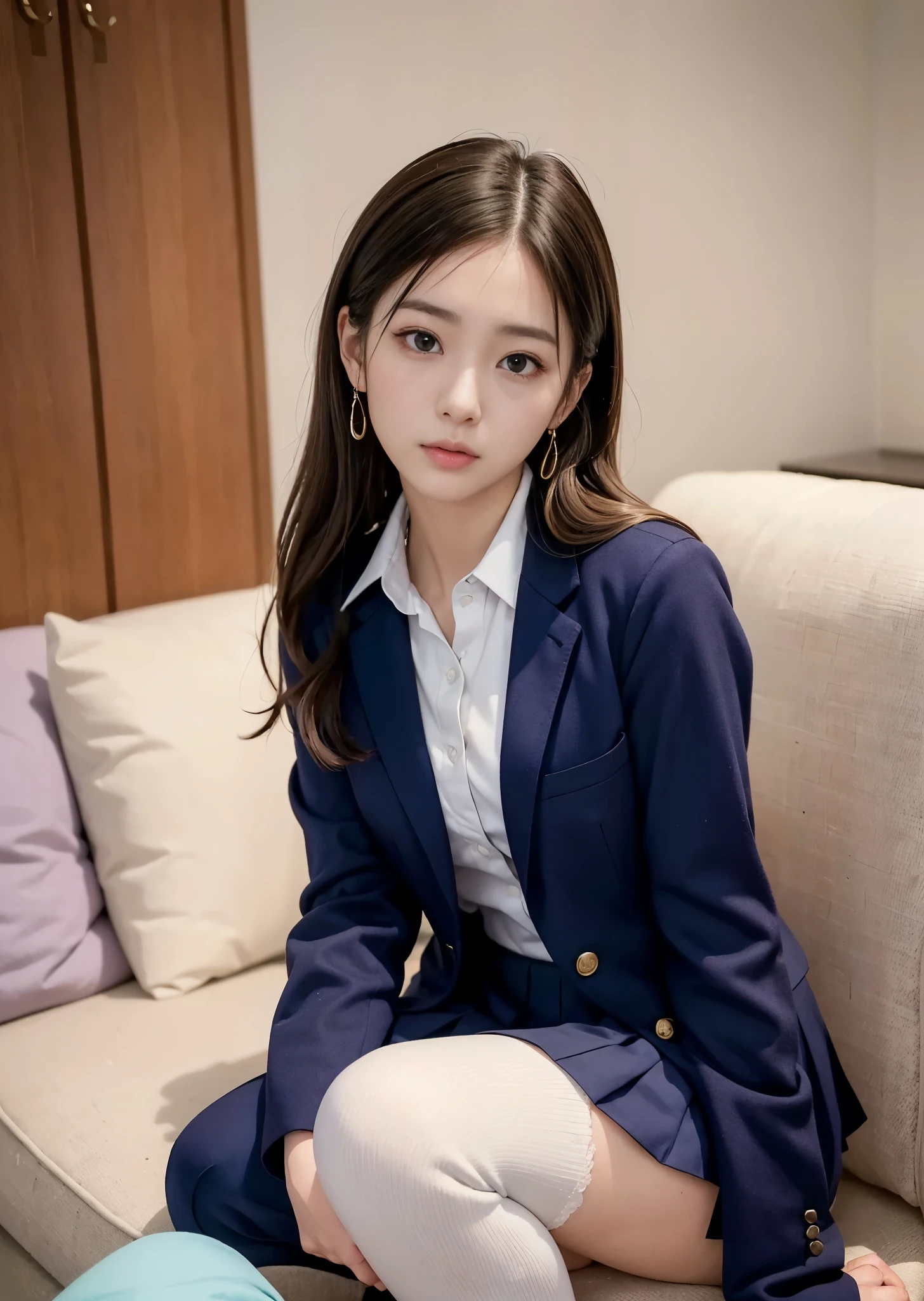 ulzzang-6500-v1.1, navy high socks　Majimix Real、(Raw photo:1.2)、(Photoreal:1.4)、(genuine:1.4), beauty in beautiful details　and delicate expression、blonde、((I can see my pants))(Crouching panty shots)earrings　eyelash　beautiful and fine eyes、huge file size、super detailed、High resolution、transcendental beauty　highest quality、masterpiece、、(Japanese girls&#39; high school uniform))、very detailed expression　 small、finely、Highly detailed face movie lighting、23 year old girl、positive、((dynamic pose)))、(Sit straight with your knees bent))、pleated skirt、blazer、sexy upper eyes