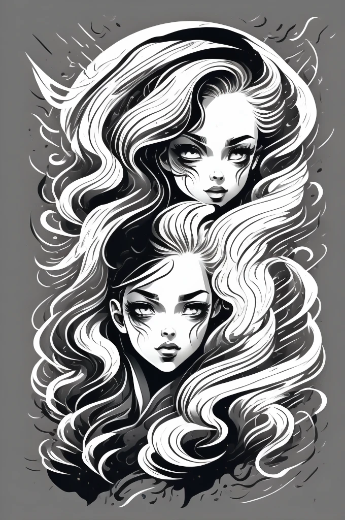 Outline the girl's style with black ink,1 girl,smooth lines,Show the characters' expressions and postures through the contrast of ink shades,The background is minimalist,Emphasis on light, shadow and space