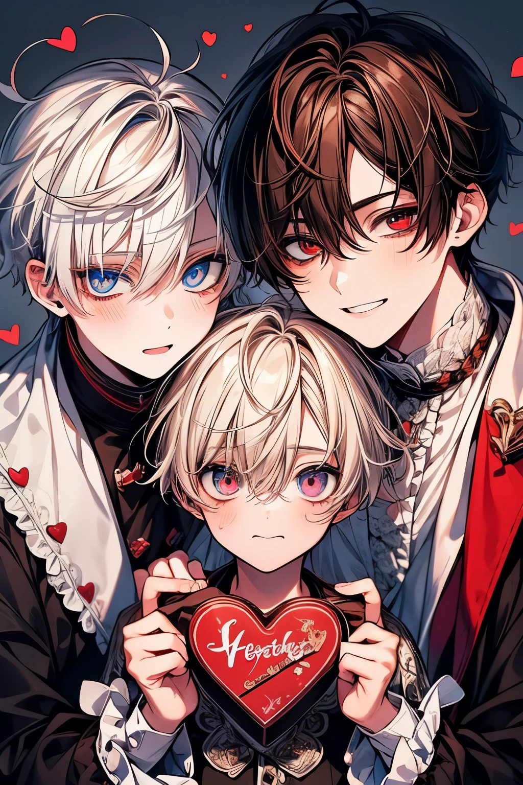 (muste piece), (best quality), very detailed, ((two boys)), perfect face, beautiful face, very detailed顔,(brown haired boy_red eyes:1.3),(White-haired boy_blue eyes:1.3),milk chocolate,White chocolate,Valentine,ribbon,race,frills,heart,Light,smile,long eyelashes,頬にheartマーク,Melted chocolate,Covered in chocolate