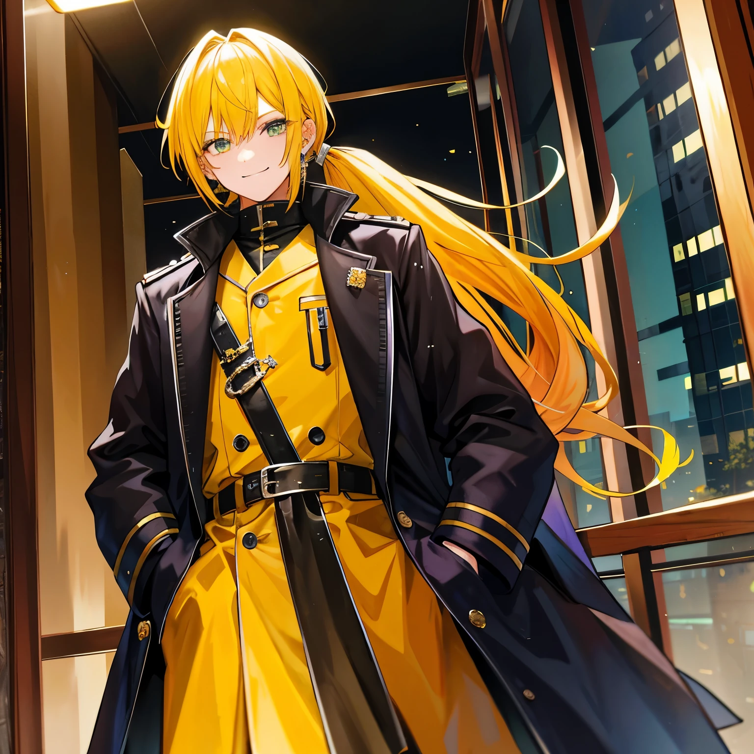A man,Handsome,Yellow hair, Pony-Tail, bang, nightcity,Sateen,ear-Ring, maniac smile, Militarry coat large,Put your hands in your pockets, sword on back