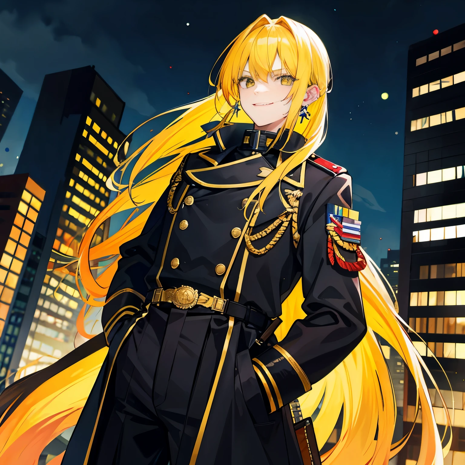 A man,Handsome,Yellow hair, Pony-Tail, bang, nightcity,Sateen,ear-Ring, maniac smile, Militarry coat large,Put your hands in your pockets, sword on back