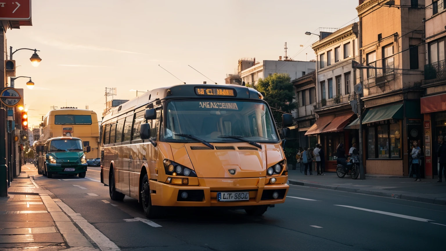 lamborghini bus, eastern city streets, sunset, peaceful atmosphere, vibrant, colorful