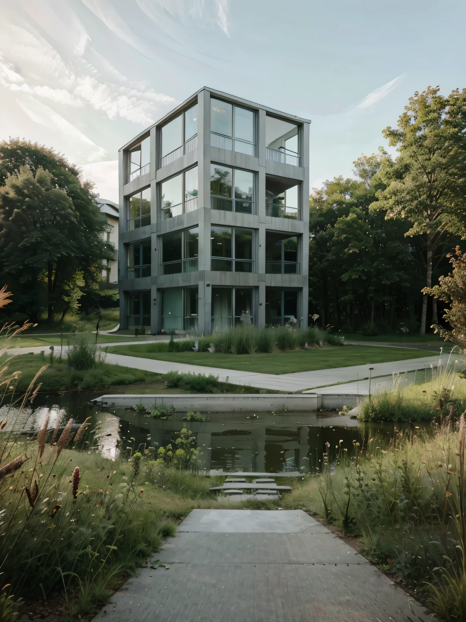 Living spaces with excitingly designed outdoor spaces, natural water areas, natural wetlands, natural vegetation, wild grasses, Moderne Architektur, different types of buildings, Geschosswohnungen, offene Nachbarschaft, beautiful outdoor areas