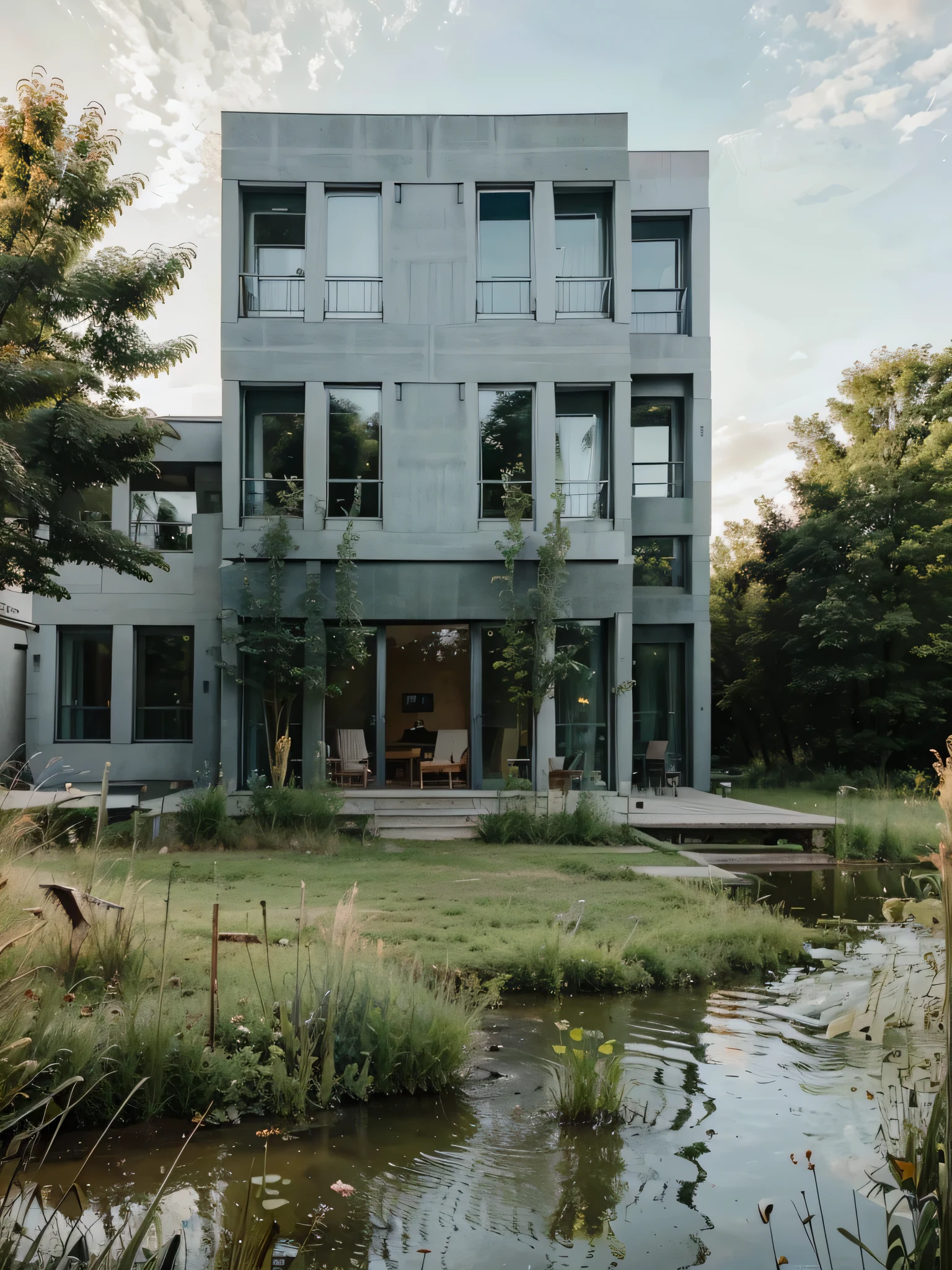 Living spaces with excitingly designed outdoor spaces, natural water areas, natural wetlands, natural vegetation, wild grasses, Moderne Architektur, different types of buildings, Geschosswohnungen, offene Nachbarschaft, beautiful outdoor areas