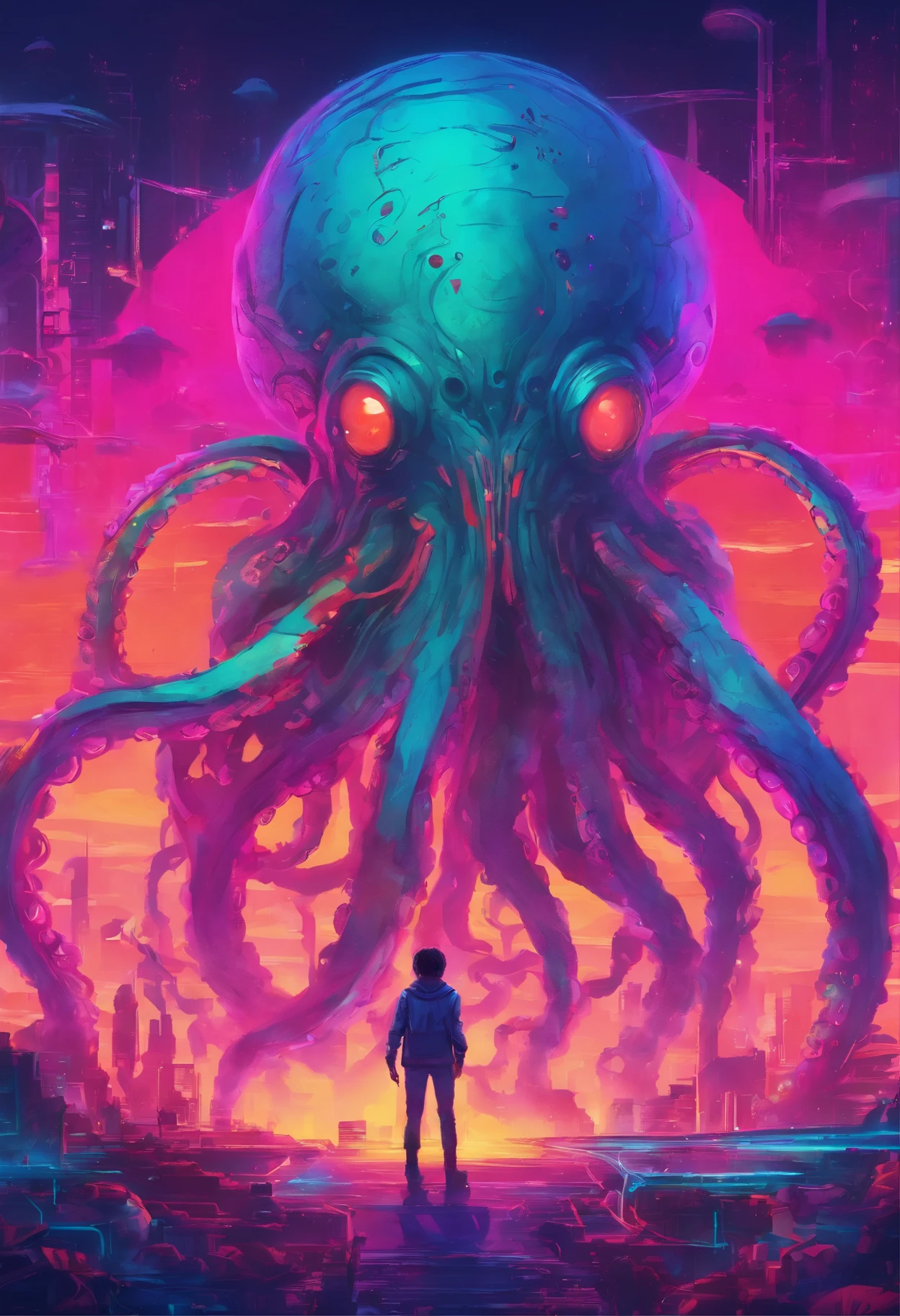 Anime - Small human standing in front of a giant octopus, Huge octopus，mechanized，Cyberpunk style，Fine details. anime big breast. Anime epic artwork, dreamy psychedelic anime, colorful concept art, emotional concept art, Beeple e James Jean, anime visuals, artgem and beeple masterpiece, Anime art wallpaper 4 K