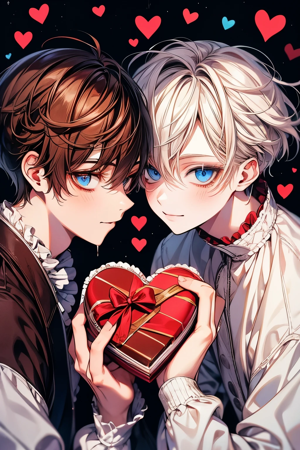 (muste piece), (best quality), very detailed, two boys, perfect face, beautiful face, very detailed顔，(brown haired boy_red eyes:1.3)，(White-haired boy_blue eyes:1.3)，milk chocolate，White chocolate，Valentine，ribbon，race，frills，heart，Light，smile，long eyelashes，頬にheartマーク，Melted chocolate，Covered in chocolate