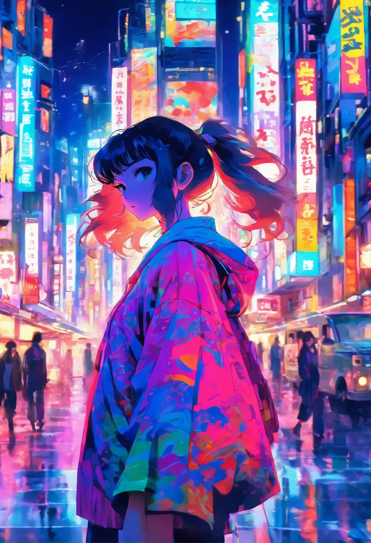 Set the scene in a cool urban night setting of a Japanese city. The cityscape should be vibrant and buzzing with life, showcasing neon lights and tall buildings.
In the foreground, feature a girl with a direct gaze, ensuring her eyes are focused straight ahead.
She should be wearing a hat and have a short haircut.
The illustration style should resemble that commonly found in Japanese manga, with intricate details and a heavy influence of Japanese subculture.
Make the colors of the image rich and vivid, emphasizing the colorful city lights and the girl's outfit.
The overall image should exude a strong influence of Japanese subculture, possibly including elements like anime billboards, street fashion, or iconic landmarks in the background.