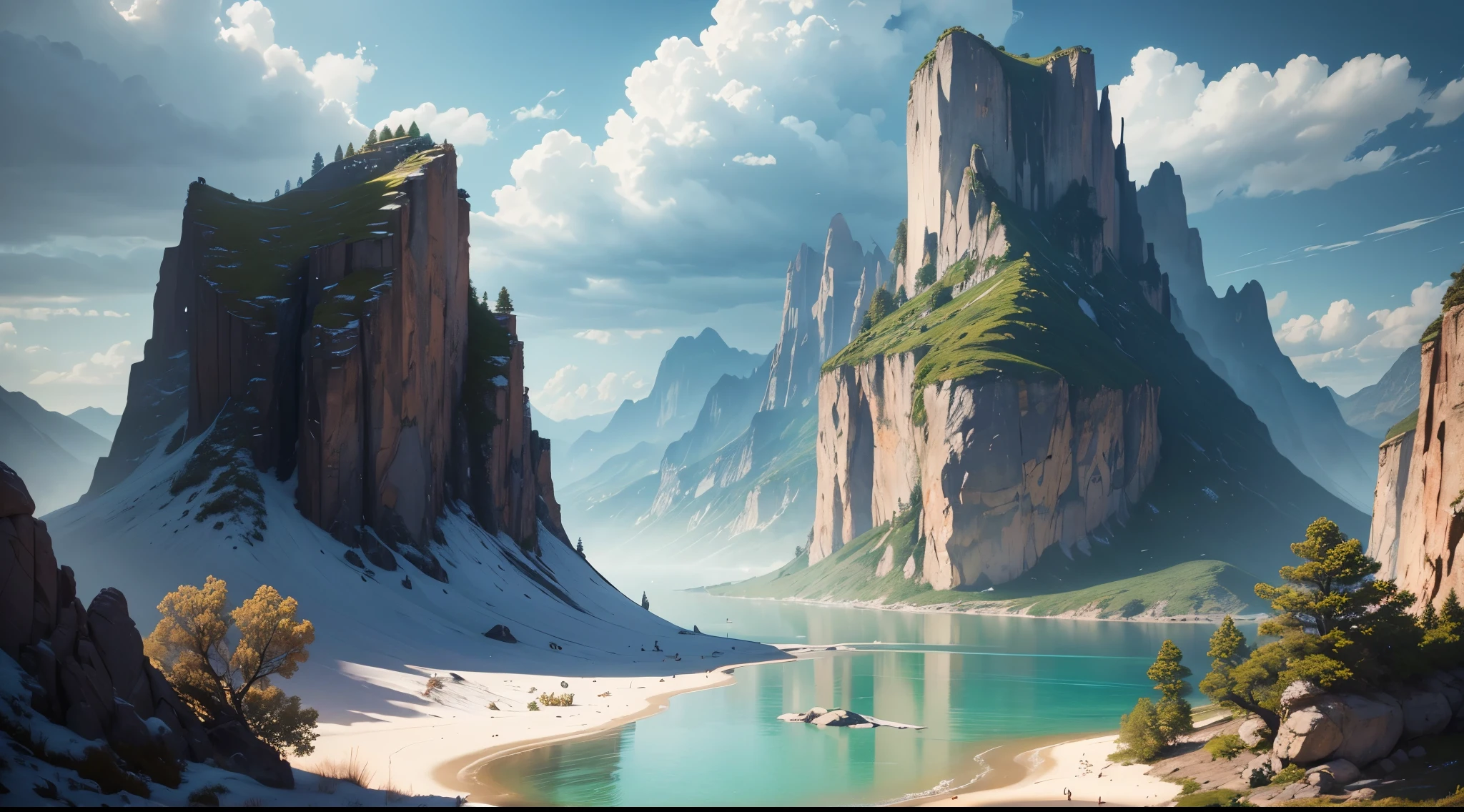 Masterpiece, Best quality, High quality, Extremely detailed Cg Unity 8K wallpaper, scenery, Outdoors, sky, Cloud, day, No Man, Mountain, landscape, water, tree, Blue sky, waterfallr, cliff, Nature, Lake, River, Cloudy sky,award winning photography, Bokeh, Depth of field, hdr, full bloom, color difference ,Photorealistic,Extremely detailed, trending on artstationh, trending on CGSociety, Intricate, High detail, Dramatic, art by midjourney