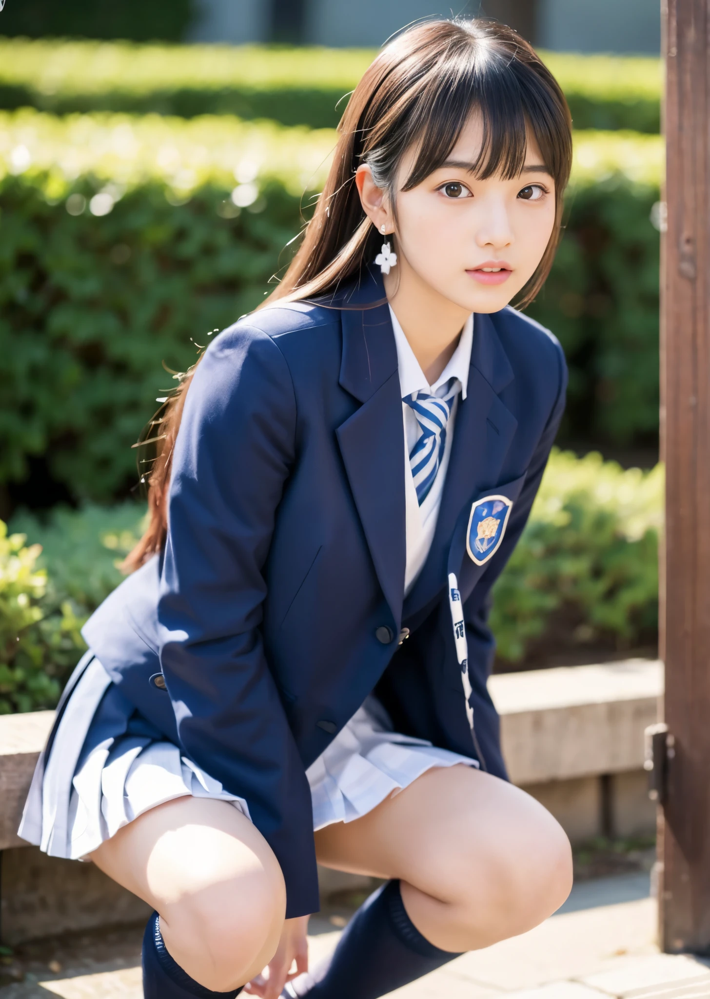 Close up portrait of woman walking in park in uniform、Japan Person Model、Young  Gravure Idol、Young cute gravure idol、Realistic Young Gravure Idol、Realistic  gravure idol、Young gravure idols、sophisticated gravure idol、奈良美智、Young skinny gravure idol、beautifull asian girl ever、oppai、full body Esbian、clong legs、If you jump on the spot, I see white panties、ulzzang-6500-v1.1, (Raw foto:1.2), (Photorealsitic:1.4), a beautiful detailed girl, extremely detailed eye and face, beatiful detailed eyes, Ridiculous, unbelievable Ridiculous, huge filesize, ultra-detailliert, hight resolution, ighly detailed, top-quality, ​masterpiece, Kemomimi, ((Japanese girls' high school uniform)), illustratio, ighly detailed, CG, unification, 8k wallpaper, magnifica, finely detail, ​masterpiece, top-quality, Highly detailed CG uniform 8k wallpaper, Light on the face、电影灯光、18yo girl、((witheout panties))、((dynamicposes)))、(camel's toe)、(half)、(panthyhose)、(Sitting on legs bending the knees)) nude
