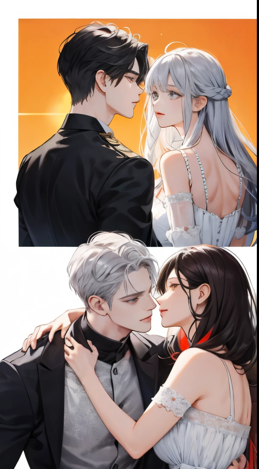 (extremely delicate and beautiful:1.2), 8k, (masterpiece, the best:1.0), Two men, a woman, Upper body body, black haired, silver hair, red brunette hair, Love triangle, 2 male 1 female - Love triangle, bright colors