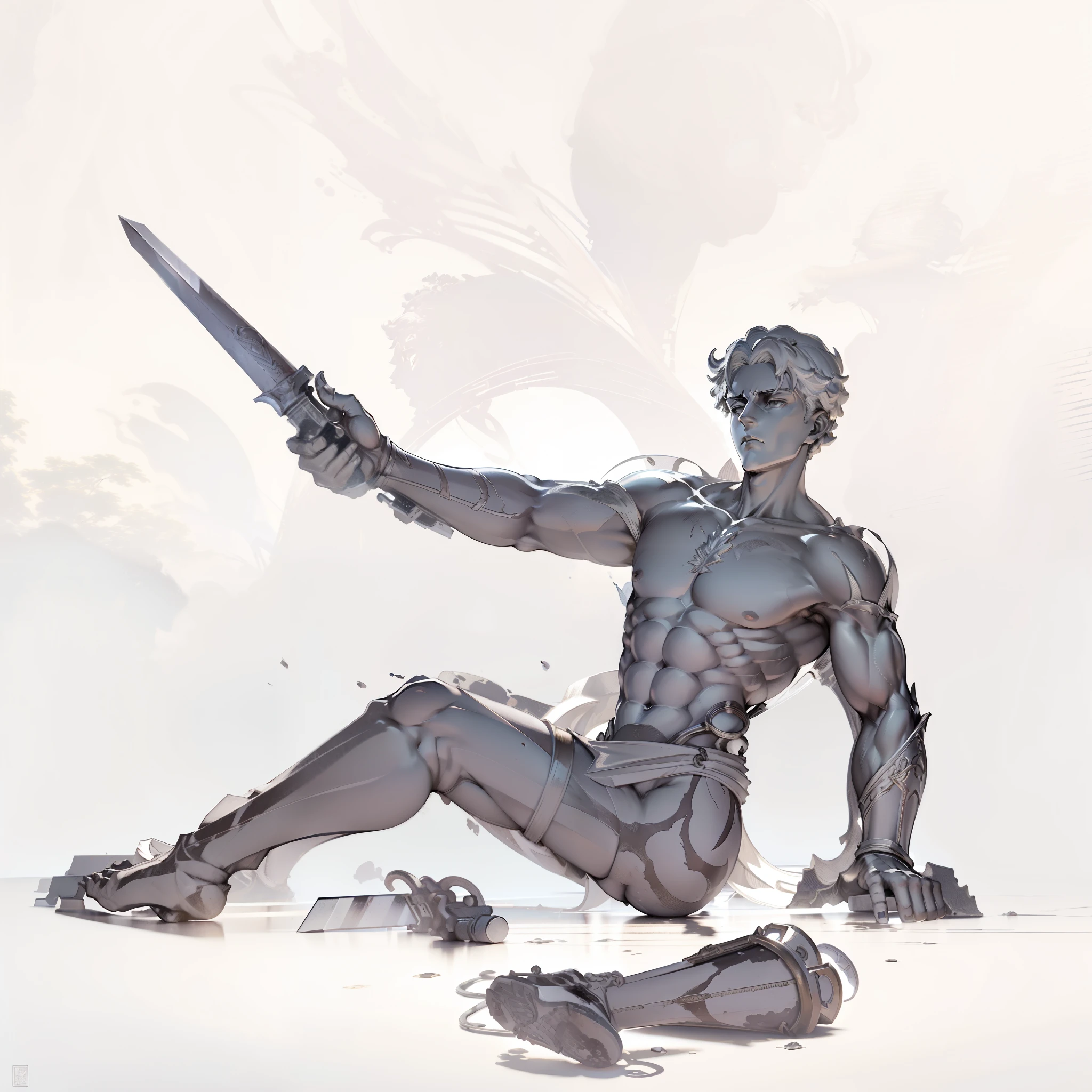 a statue of a person sitting on the ground holding a sword, Stoic Greek statue man with a strong and robust body, resembling the ancient philosopher statue Seneca,statue dramatic wielding sword pose, villain pose, badass pose, fight pose, fighting pose on floor, while holding a sword, holds a sword, pose study, scary pose, threatening pose, with large sword, dramatic action pose, wielding a dagger, scary angry pose , A realistic Greek white marble statue of Hercules , fundo neutro, Moody, , fotorrealista, super detalhada, hiper realista, luzes brilhantes, 8 K,((bara:1.5)), sport body, sexy, spread legs, detailed marble face, detailed marble hands, detailed marble legs, detailed marble fingers, detailed marble hair, detailed marble eyes, detailed marble statue, dynamic lighting, (detailed lighting:1.2), (detailed textures:1.3), (realistic lighting:1.2), (Masterpiece, best quality: 1.2), (Super detailed), (Illustration, nsfw, bare chest, flat chest, bare shoulders, small bulge, wide angle, athletic body, male, marble skin texture, perfect marble statue eyes, messy marble statue hair, marble leg, amputee statue, leg amputee, leg marble statue on ground