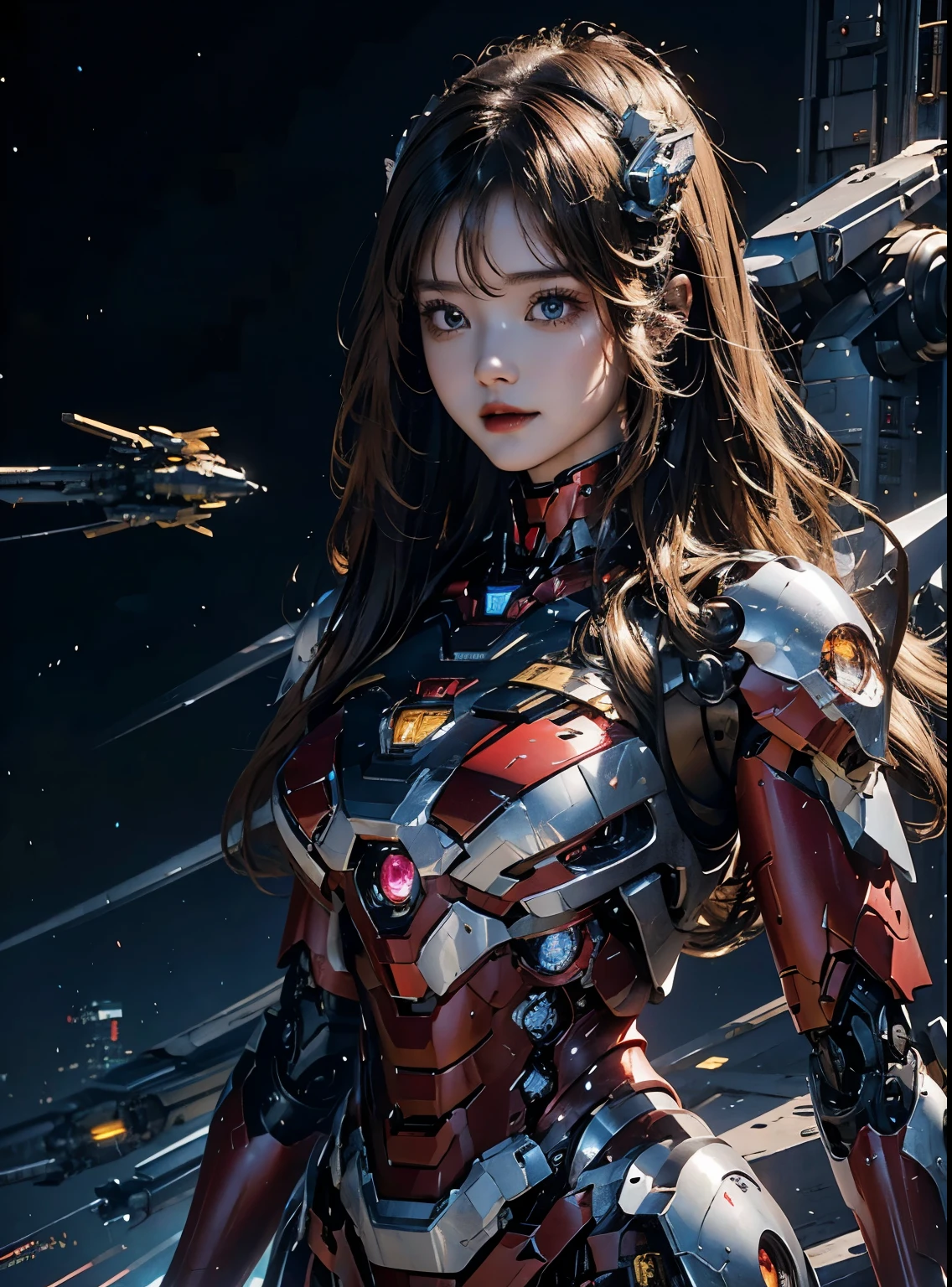 Super detailed, advanced details, high quality, 最high quality, High resolution, 1080P, hard disk, beautiful,(Iron Girl),beautifulサイボーグの女性,Mecha cyborg girl,battle mode,Mecha body girl,She wears an Iron Man mech,full body shot