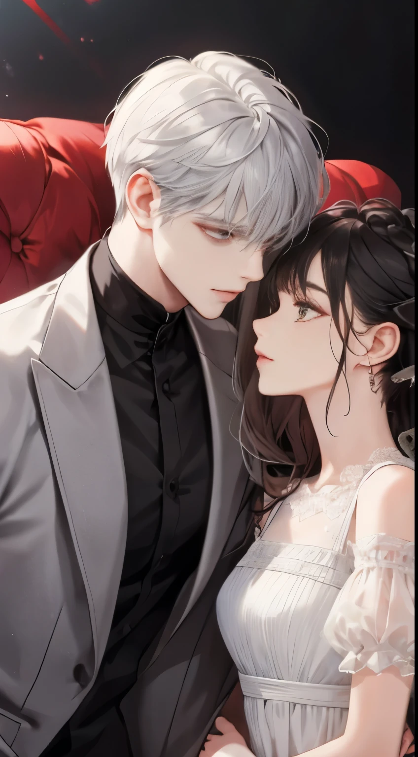 (extremely delicate and beautiful:1.2), 8k, (masterpiece, the best:1.0), Two men, a woman, Upper body body, black haired, silver hair, red brunette hair, Love triangle, 2 male 1 female - Love triangle, bright colors