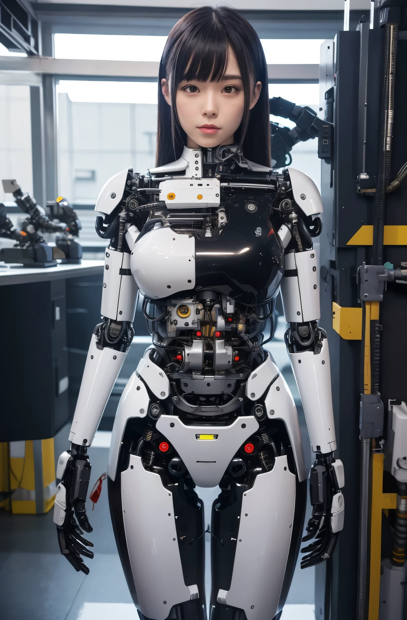 masterpiece, best quality, extremely detailed, Japaese android girl,Plump , control panels,android,Droid,Mechanical Hand, Robot arms and legs, Black hair,Blunt bangs,perfect robot girl,long tube,thick cable connected her neck,android,robot,humanoid,cyborg,japanese cyborg girl ,robot-assembly plant,She is assembling now,assembly scene