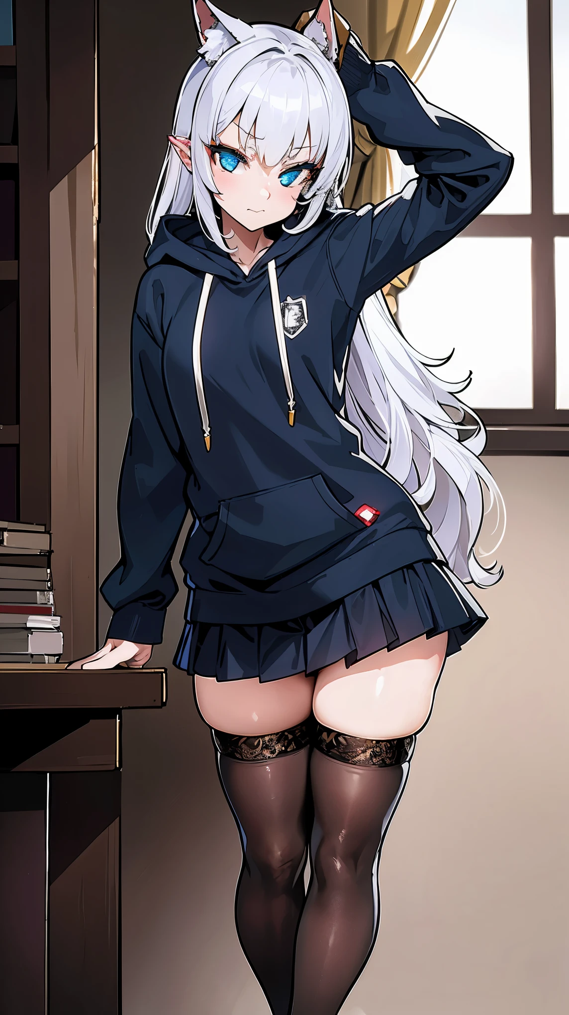 best quality,highly detailed,ultra-detailed,incredibly_absurdres,an extremely delicate and beautiful girl, beautiful detailed glow,ultra-detailed,extremely_detailed_eyes_and_face,{{{expressions}}},{long hair},Skirt,black silk stocking,hoodie ,JK,{slippers},hood,small breast,adorable girl,student,sigh,annoyed,frown,head tilt,{stretch}