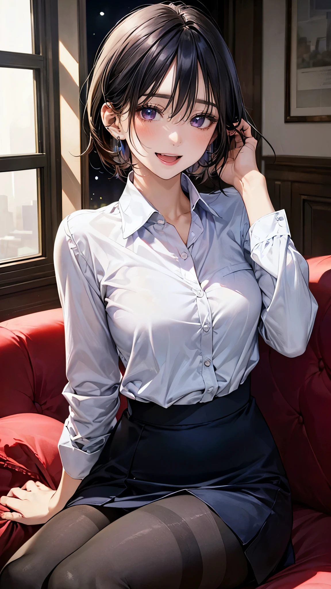 (masterpiece:1.2, top-quality), (realistic, photorealistic:1.4), beautiful illustration, (natural side lighting, movie lighting),
looking at viewer, 1 woman, japanese, 22 years old, high school teacher, perfect face, cute and symmetrical face, shiny skin, babyface,
(short hair, straight hair, black hair), hair between eyes, dark purple eyes, (middle breasts, seductive thighs, big ass), piercings,
beautiful hair, beautiful face, beautiful detailed eyes, beautiful clavicle, beautiful body, beautiful chest, beautiful thigh, beautiful legs, beautiful fingers,
((navy tight skirt, white collared shirt), open shirt, black pantyhose), purple neck ribbon, ,
(beautiful scenery), night, living room, sitting sofa, hands on hair, (lovely smile, upper eyes, open mouth),