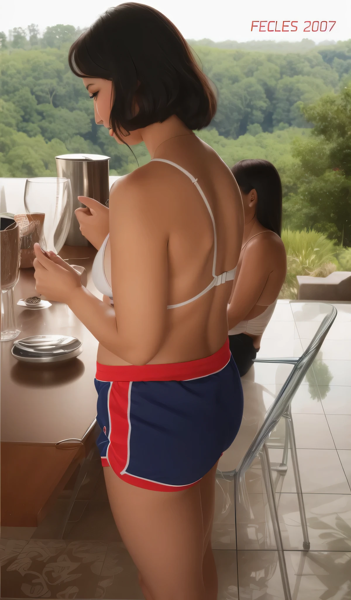 woman standing near a table, de short azul com listra lateral vermelha, micro white bra, ao fundo distante uma floresta. Mulher com pele branca bronzeada e cabelos escuros. ela tem cerca de 35 anos. Your slightly plump lips are like a delicate flower, seus olhos castanhos escuros. Corpo fino. cintura fina. Your body exudes glamor and your face is the definition of beauty. Altamente realista, Lindo, soft lips, batom cor de rosa, sorriso, feeling of lightness and joy, hiperrealismo, pele muito elaborada. foto de corpo inteiro, Limpar foto, alta qualidade, high resolution, obra de arte, 8k