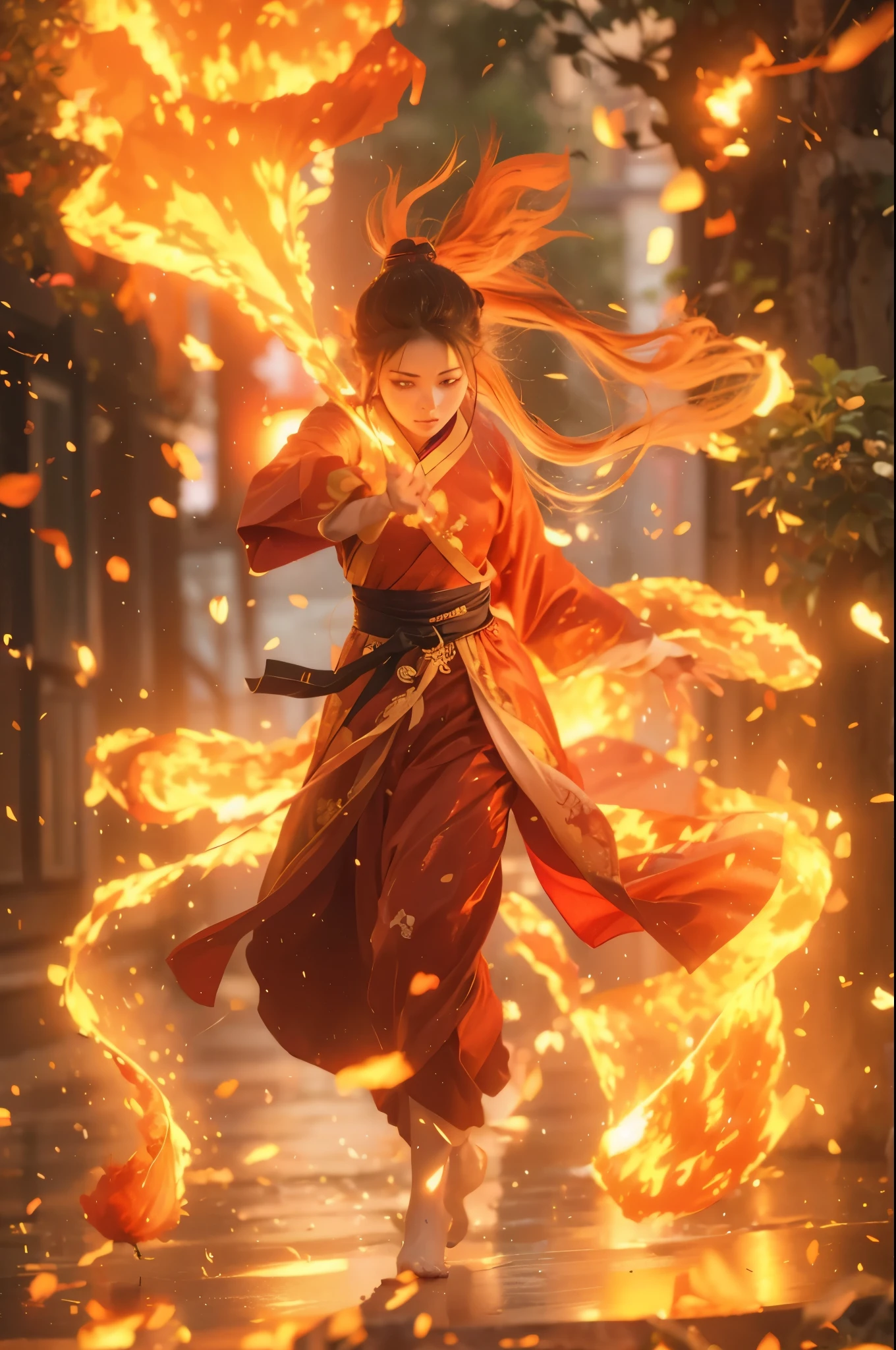 1girl，dynamic poses，fire焰女王，Hanfu，（Burning hair：1.5），（大量的fire焰：1.5），（手持fire焰长剑：1.5），（Slashing action：1.3），（蓝色的fire焰：1.5），（向上飘动的fire焰头发：1.5），fire，星fire，fire焰能量流动，双手掌心上漂浮的fire球，burning forest，fire焰魔法，The magic array under your feet，lifelike，Realistic，Ultra high detail，best quality，masterpiece，8k