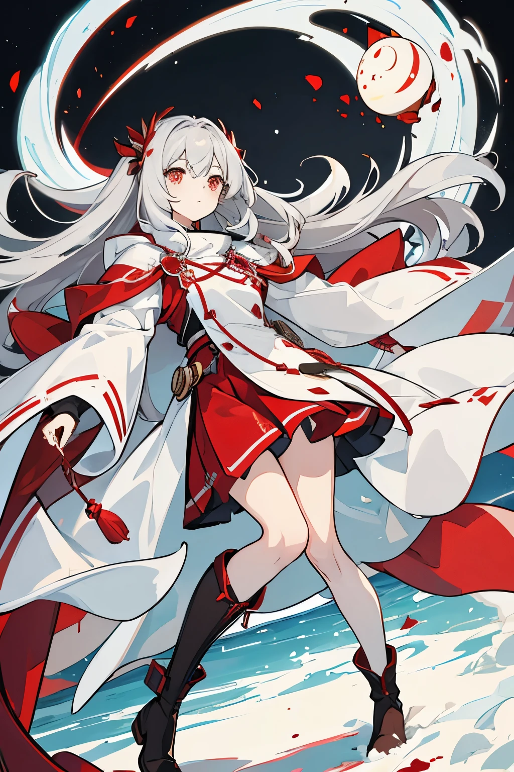 A girl with long silver hair，Eyes as scarlet as blood，Face shaped like goose egg。Wearing a light gray cloak，Lined with a white coat，Paired with a brown short skirt，On the feet are a pair of brown over-the-knee boots
