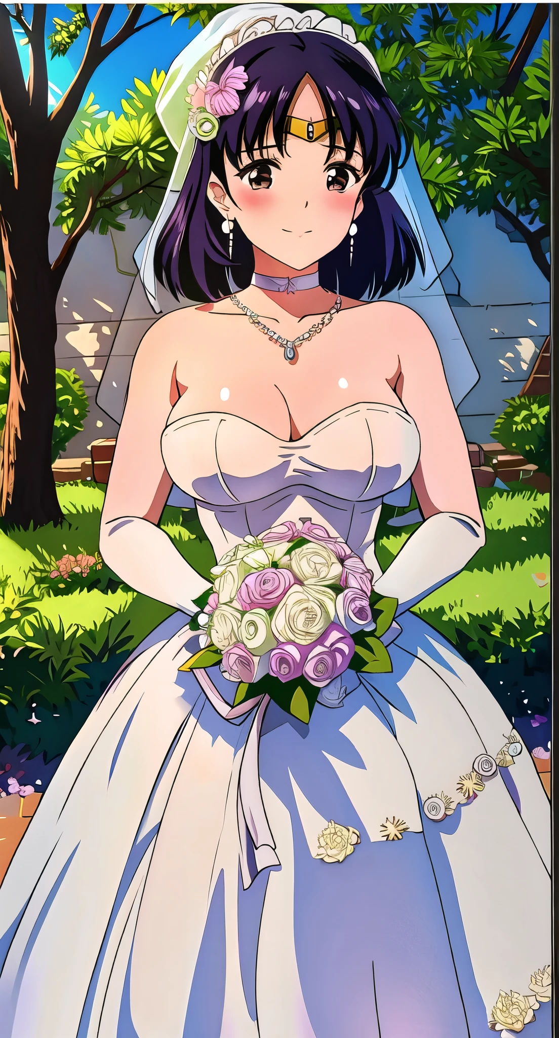 sailor_venus, ponytail,Gurwitz,pillory,Head flail,hand flail,flail,(bridal veil:1.5),(short sheer veil:1.5),Blushing face,Head flower,headgear,(tube top wedding dress:1.5),(Silk dress:1.2),(Strapless wedding dress:1.5),Bouquet,pure white dress,necklace,earrings,(large breasts:1.3),Deep V peach heart collar wedding dress,Bangs,lipstick,(lace gloves:1.3),Bust photo,High detail RAW color art,Tyndall phenomenon